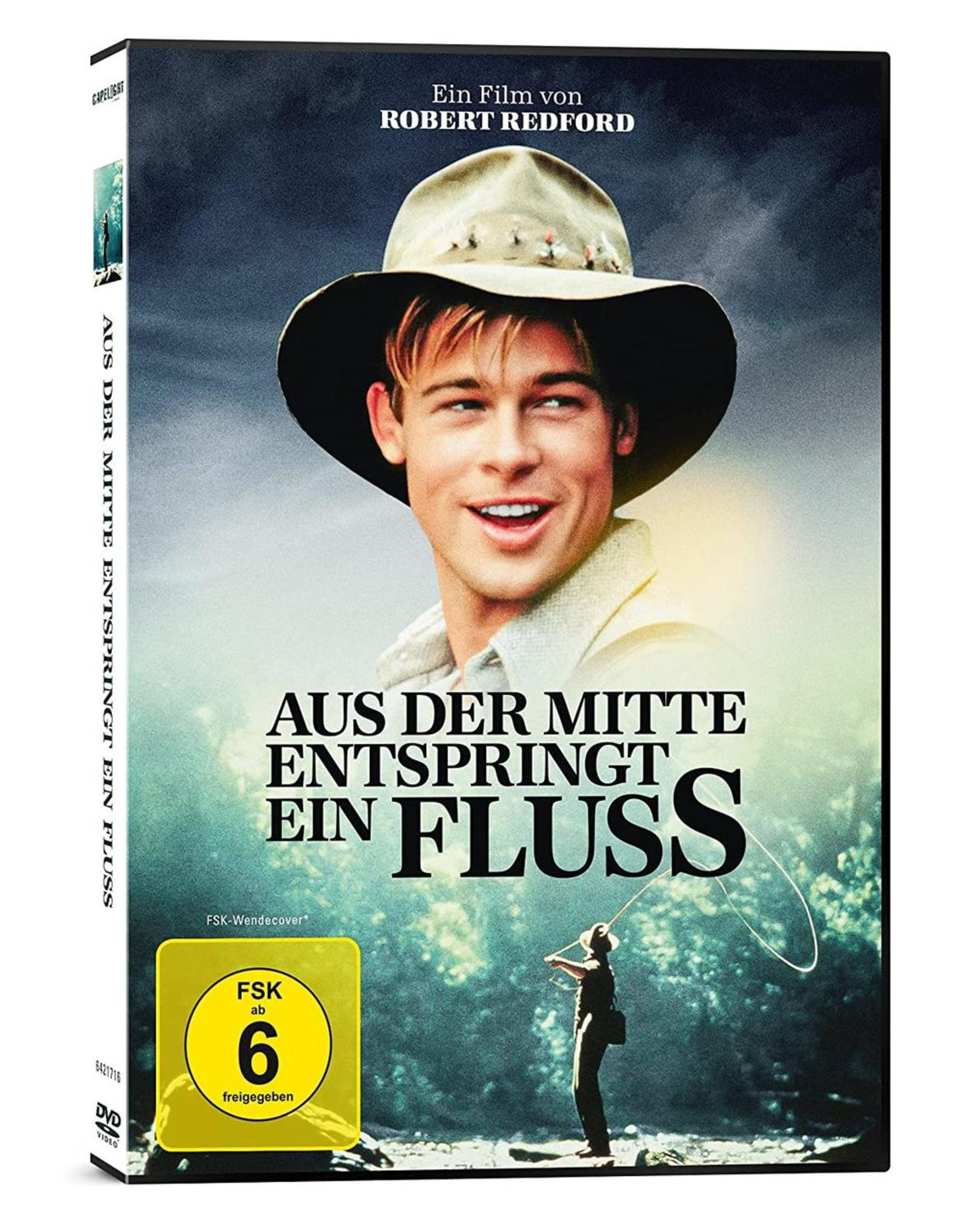 DVD-Cover des Films A River Runs Through It mit Brad Pitt in einem Hut und einer Flussszene unten.