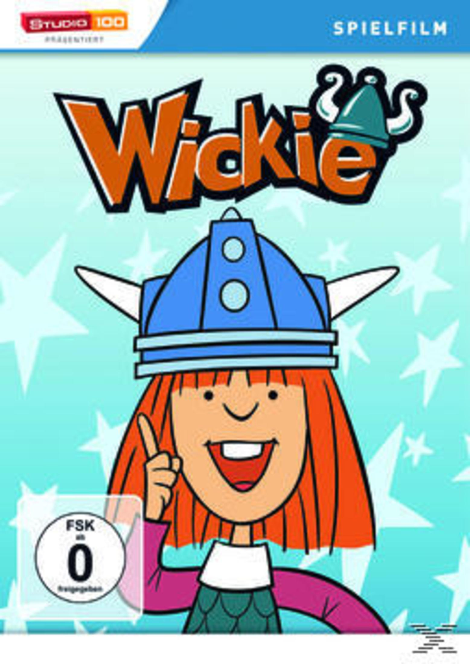 Zeichentrickfigur Wickie mit blauem Wikingerhelm und rotem Haar vor hellem Sternenhintergrund.