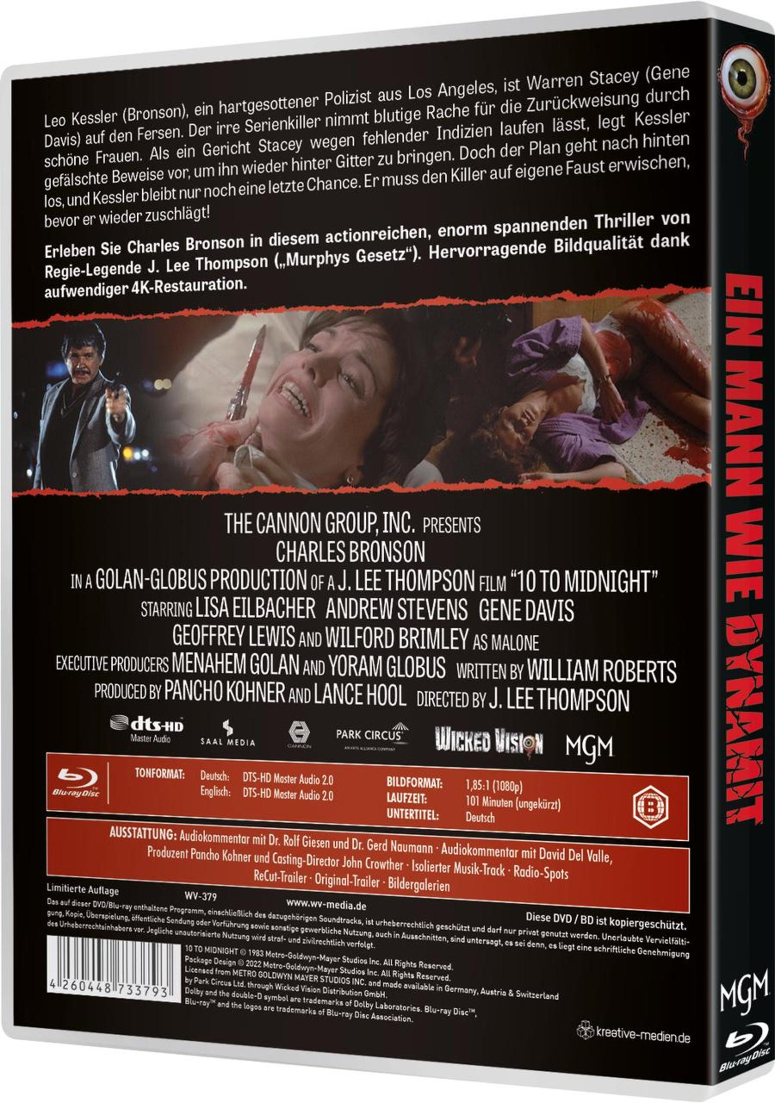 Rückseite einer Blu-ray-Hülle des Films 10 to Midnight mit Charles Bronson und Szenenfotos.