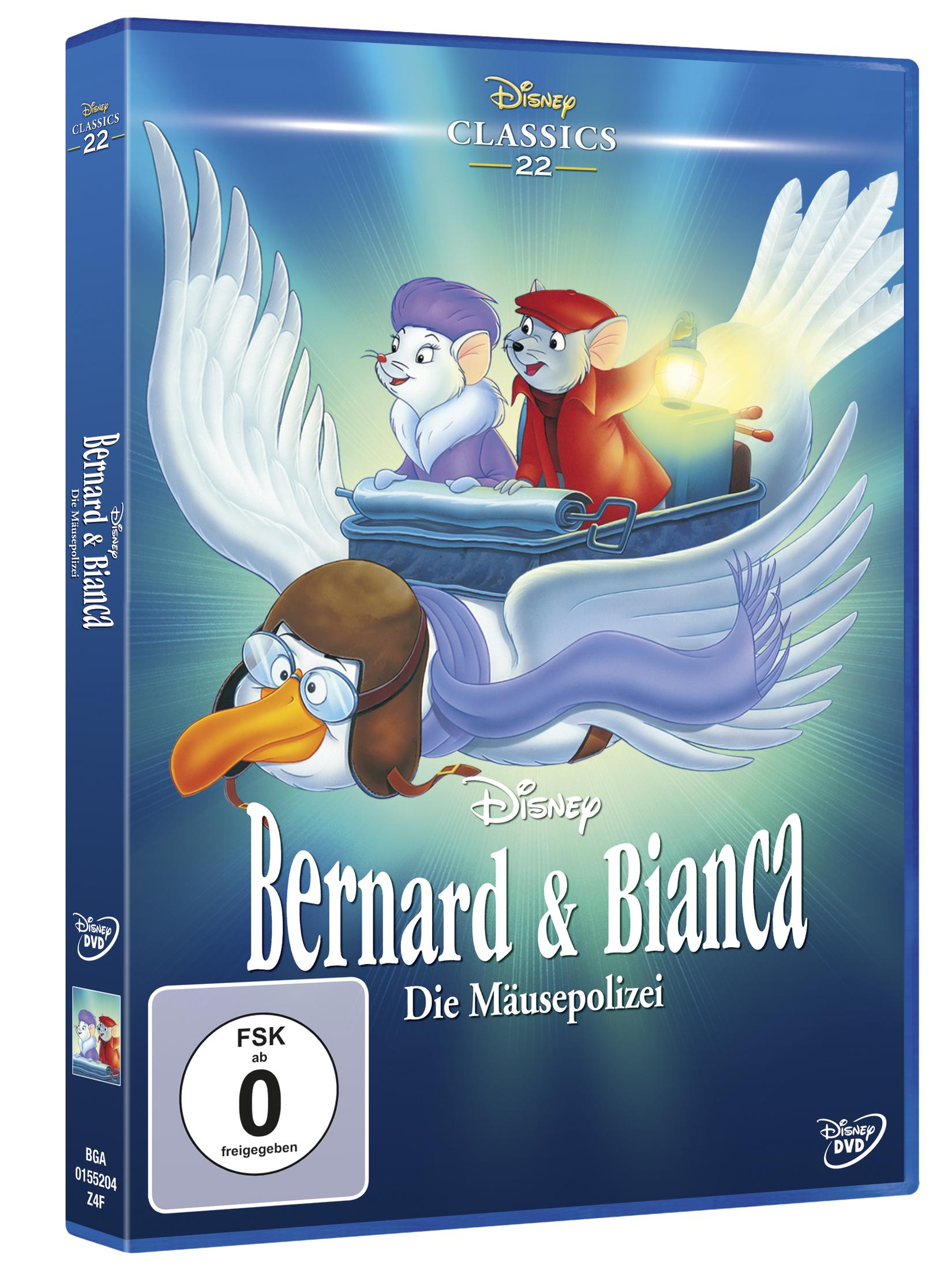 DVD-Cover von Bernard & Bianca: Zwei Mäuse fliegen auf dem Rücken eines Albatros mit Pilotenmütze.