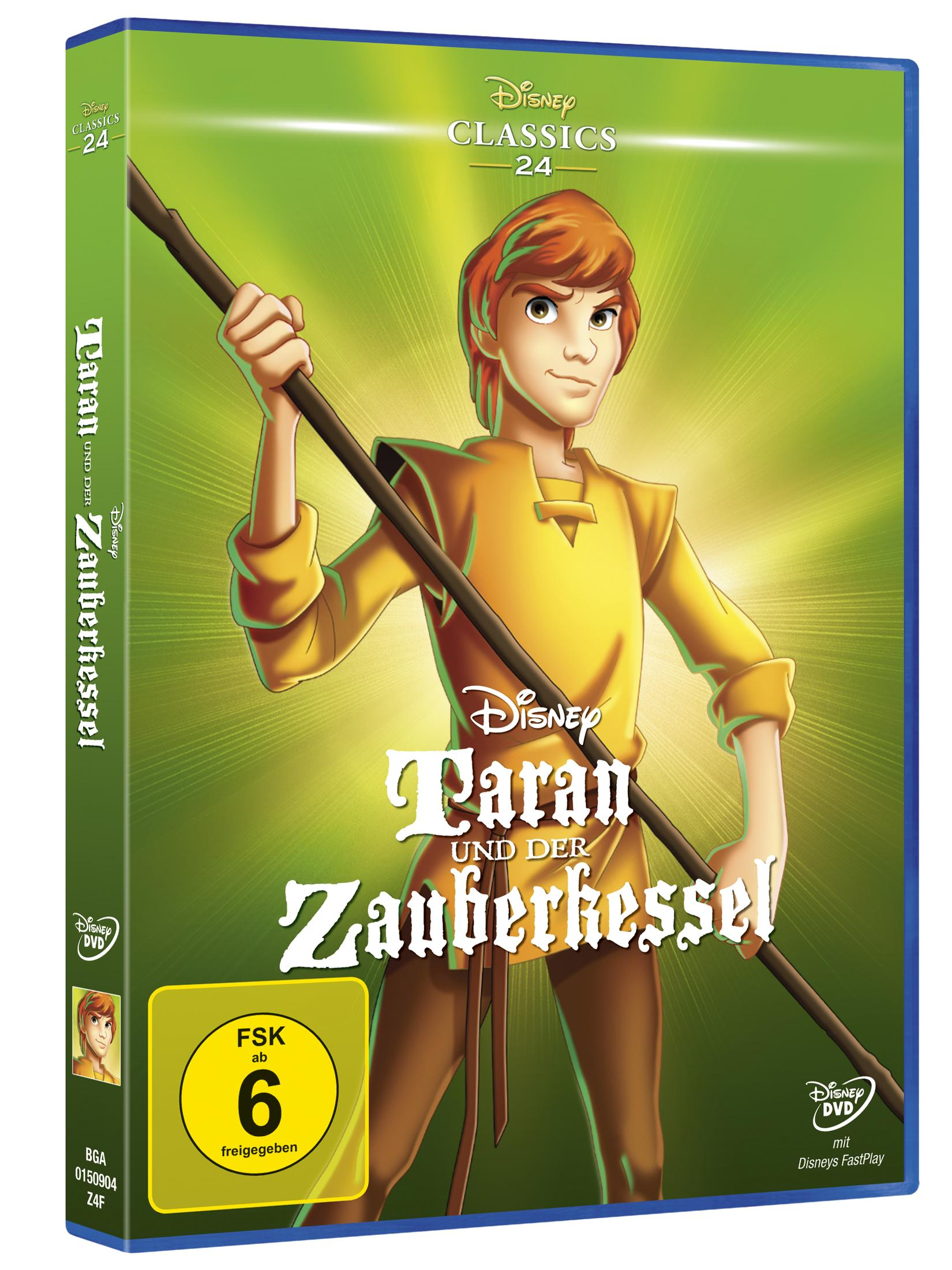 DVD-Hülle von Taran und der Zauberkessel mit dem Helden und einem Stab vor grünem Hintergrund.