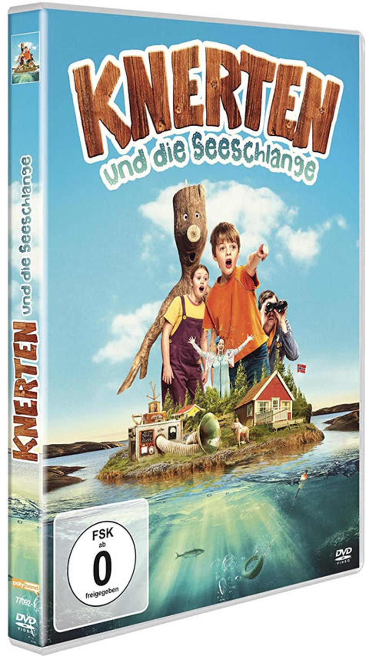 DVD-Cover von Knerten und die Seeschlange mit Kindern, einer Holzfigur und einer kleinen Insel im Wasser.