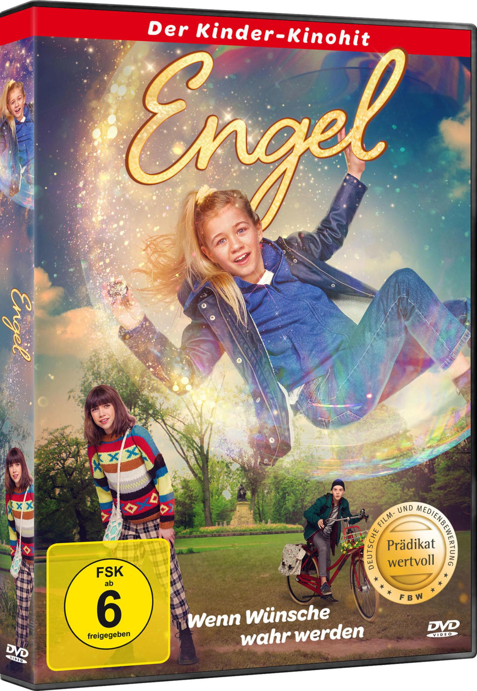 DVD-Cover von Engel: Ein blondes Mädchen schwebt in einer riesigen Seifenblase über einem Park mit anderen Personen.