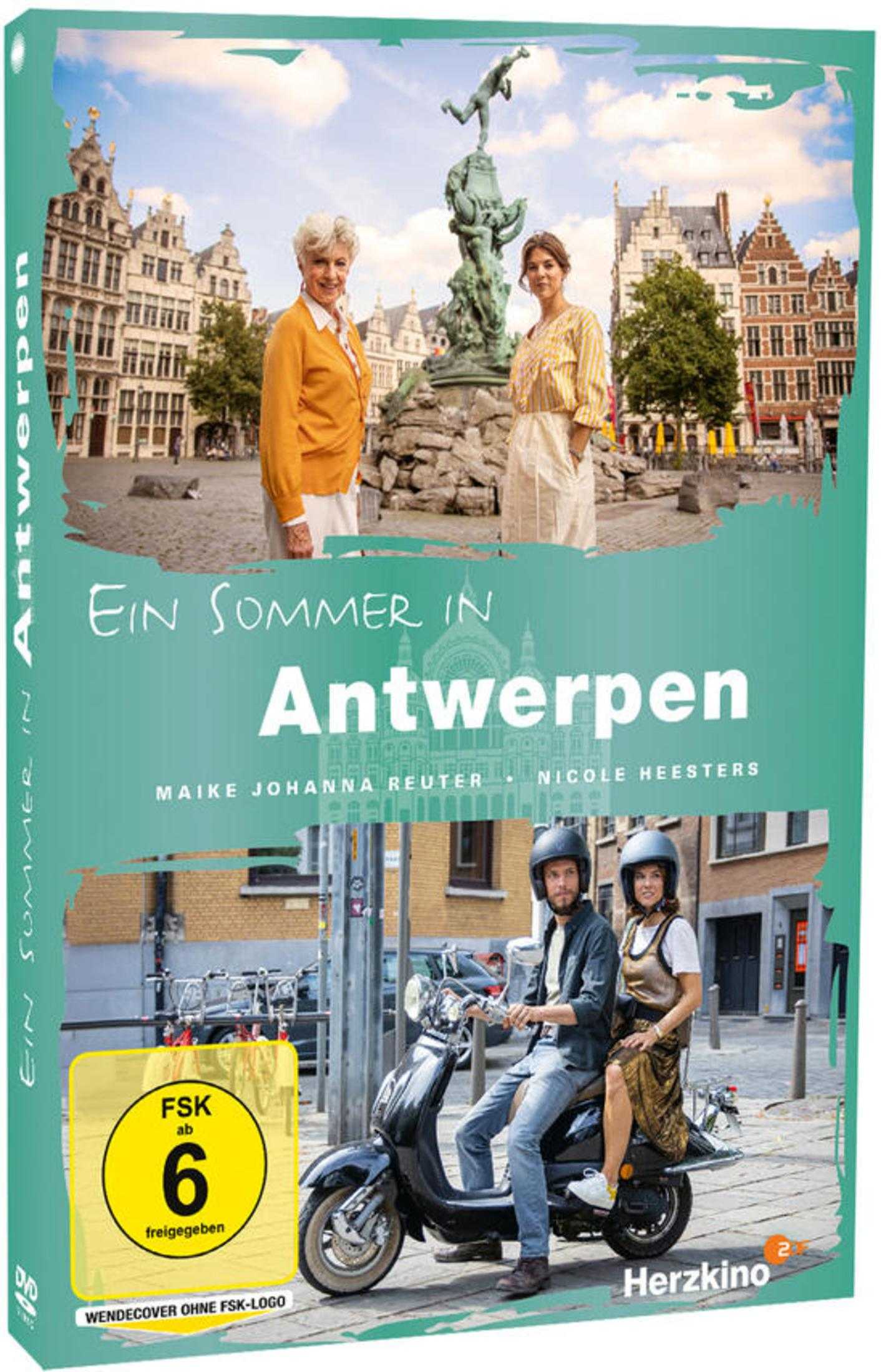DVD-Cover von Ein Sommer in Antwerpen mit zwei Frauen vor einem Platz und einem Paar auf einem Roller.