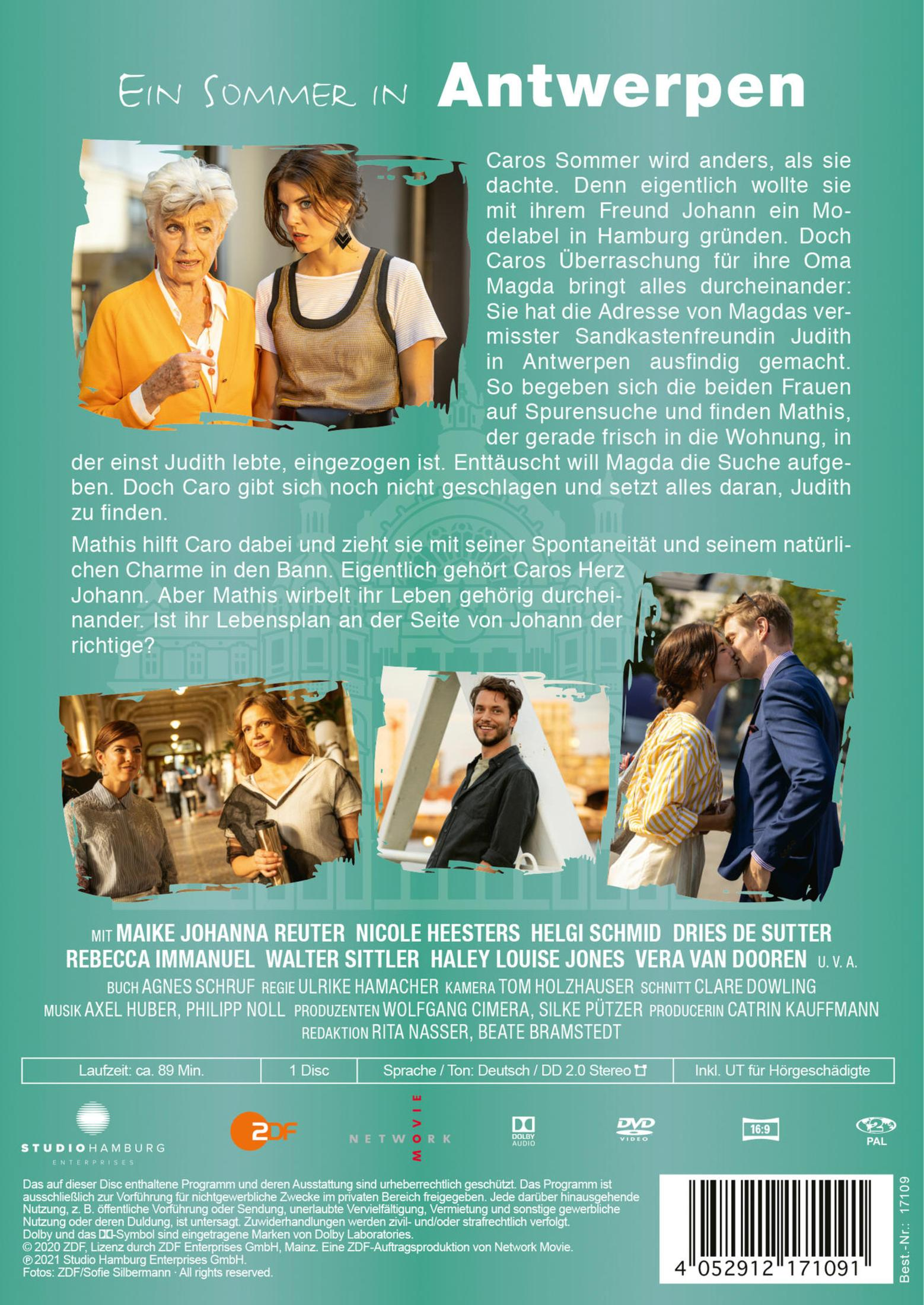 DVD-Cover von Ein Sommer in Antwerpen mit Schauspielern, Texten und technischen Angaben.