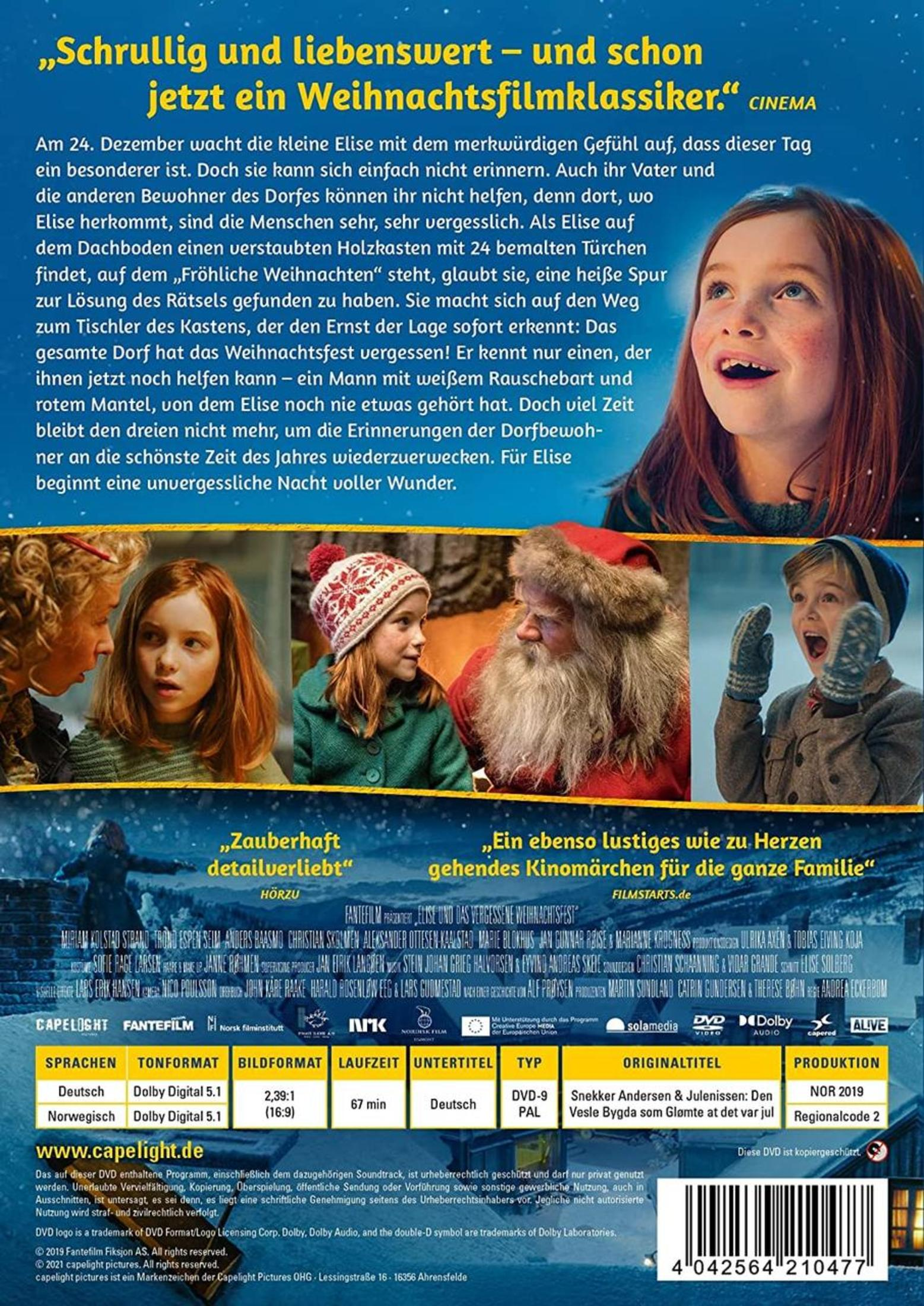 DVD-Cover von Elise und das vergessene Weihnachtsfest mit Kindern, Weihnachtsmann und Text.