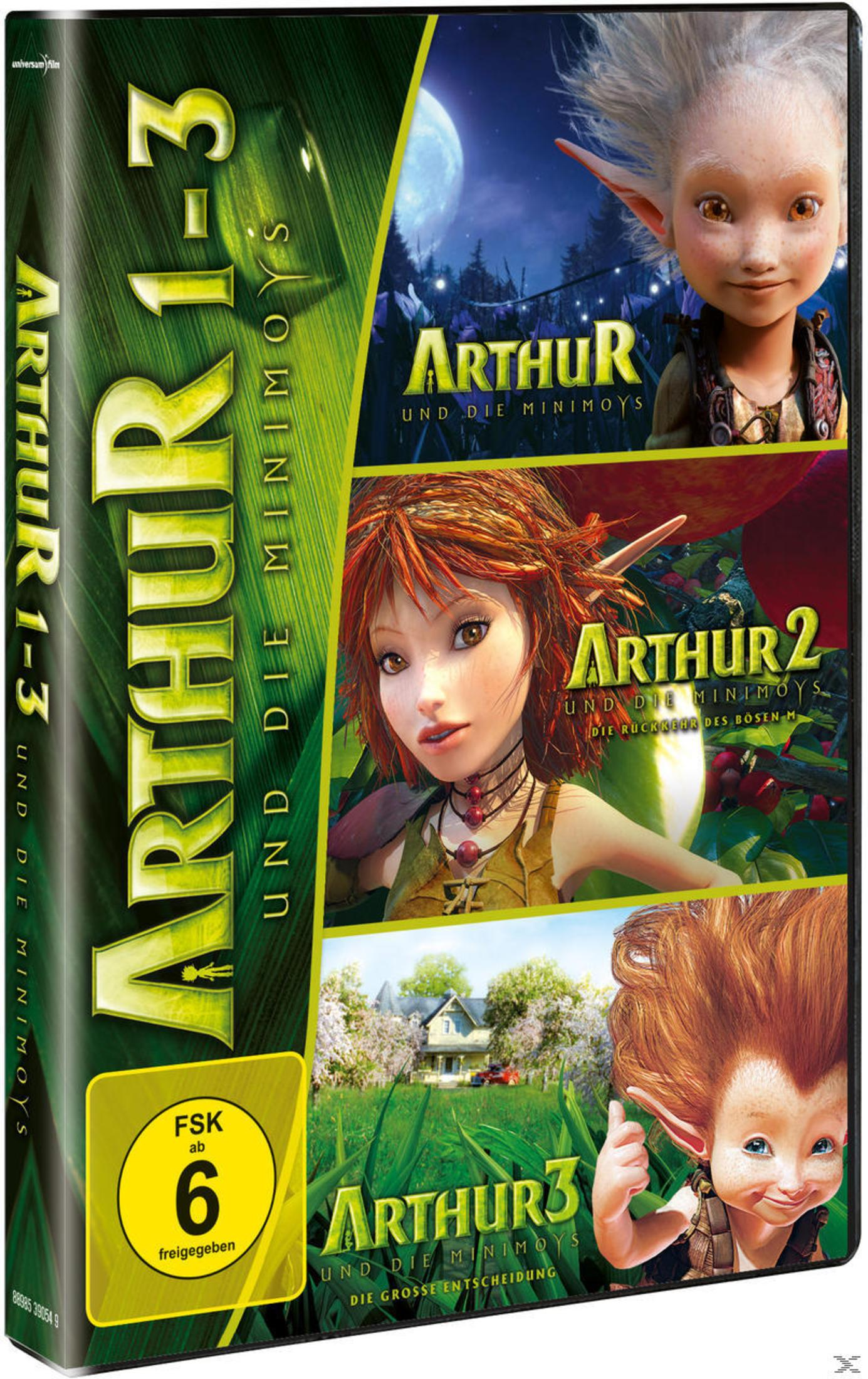 DVD-Hülle der Arthur und die Minimoys-Trilogie mit drei animierten Figuren und FSK 6-Logo.
