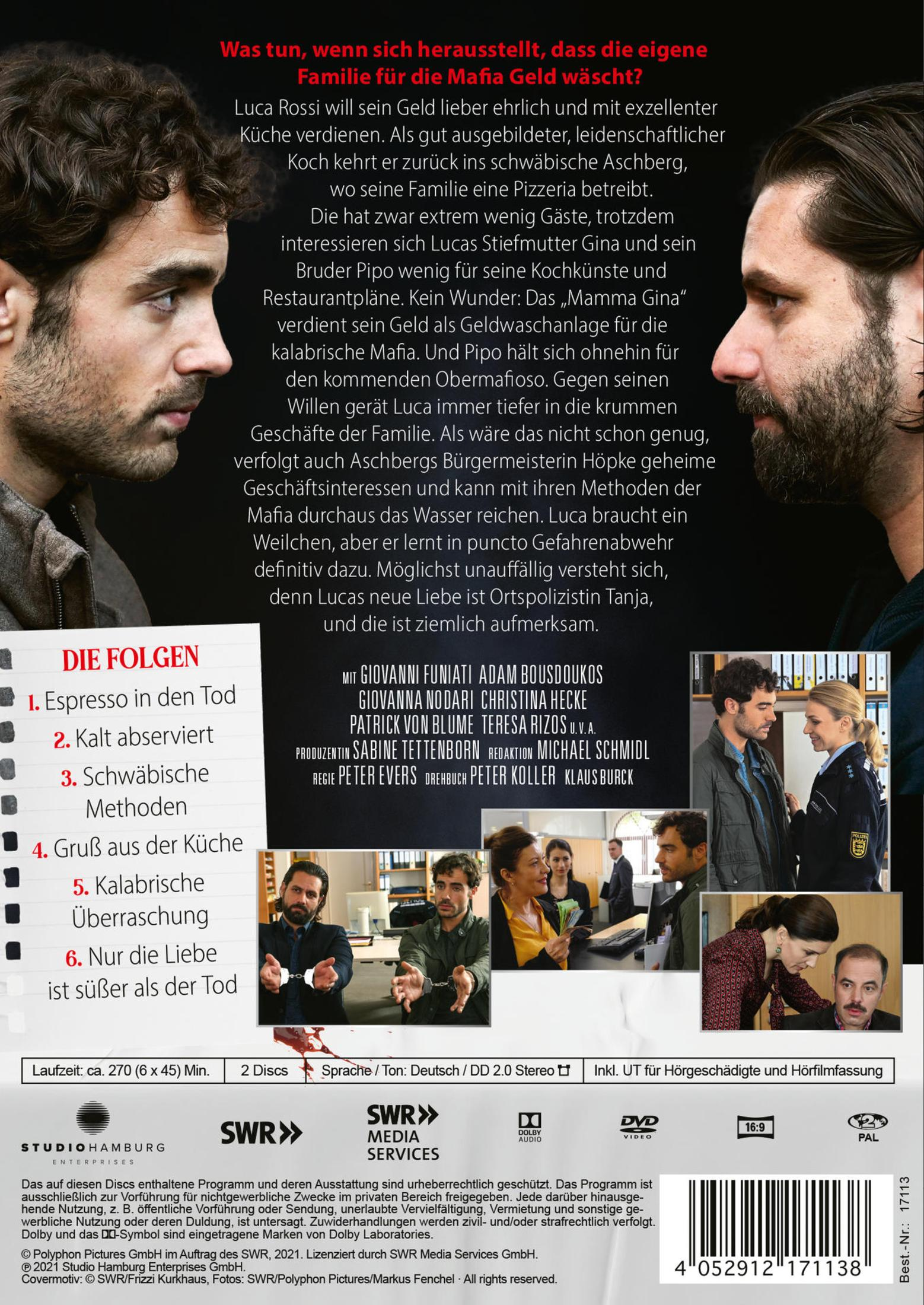 DVD-Cover mit Porträts von zwei Männern, Szenenfotos, Inhaltsangabe und Darstellerliste auf schwarzem Hintergrund.