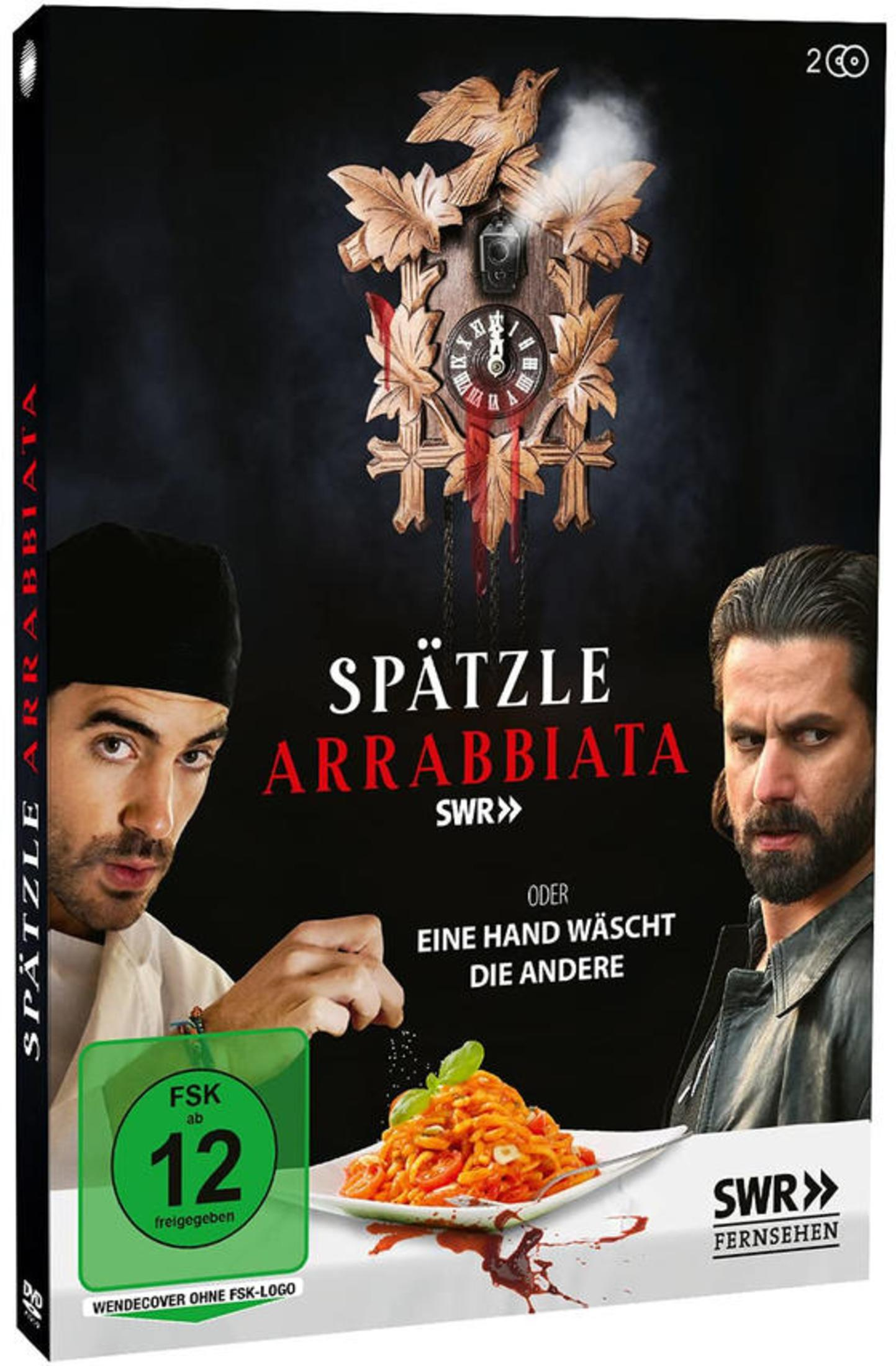 Filmplakat mit zwei Männern, einer Kuckucksuhr und einem Teller Spaghetti.