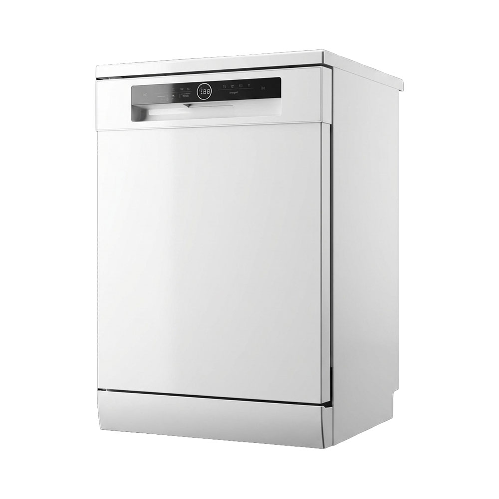 Un lave-vaisselle blanc se tient sur un fond blanc avec un écran et un panneau de commande noirs.