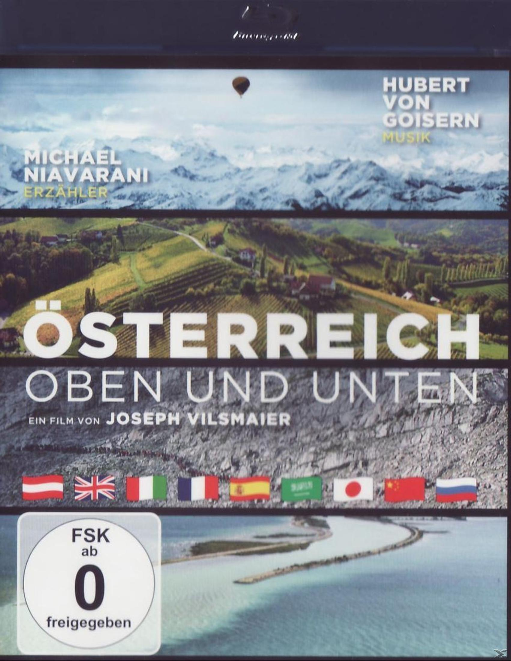 Filmcover von Osterreich Oben und Unten mit Landschaften, Bergen, Text und FSK-0-Logo.