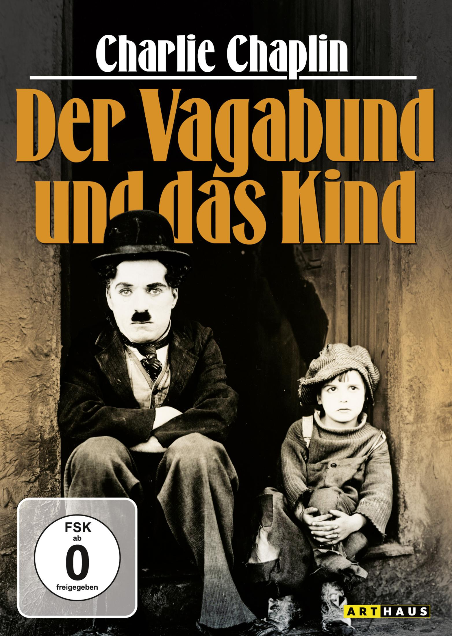 Charlie Chaplin und ein Kind sitzen vor einer Tür auf einem Filmposter.