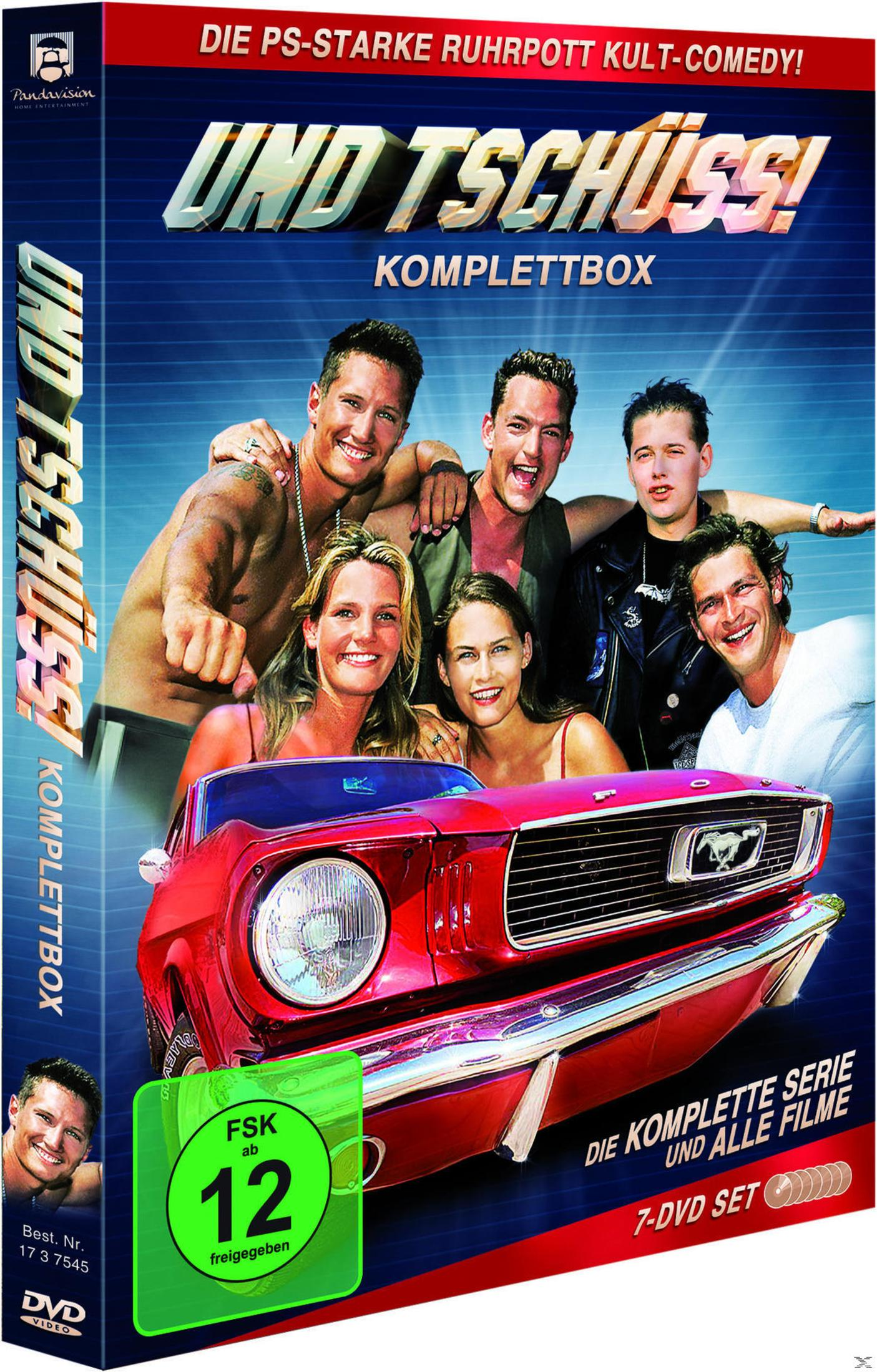 DVD-Cover von Und Tschüss! Komplettbox mit sechs Personen hinter einem roten Auto und FSK-12-Logo.