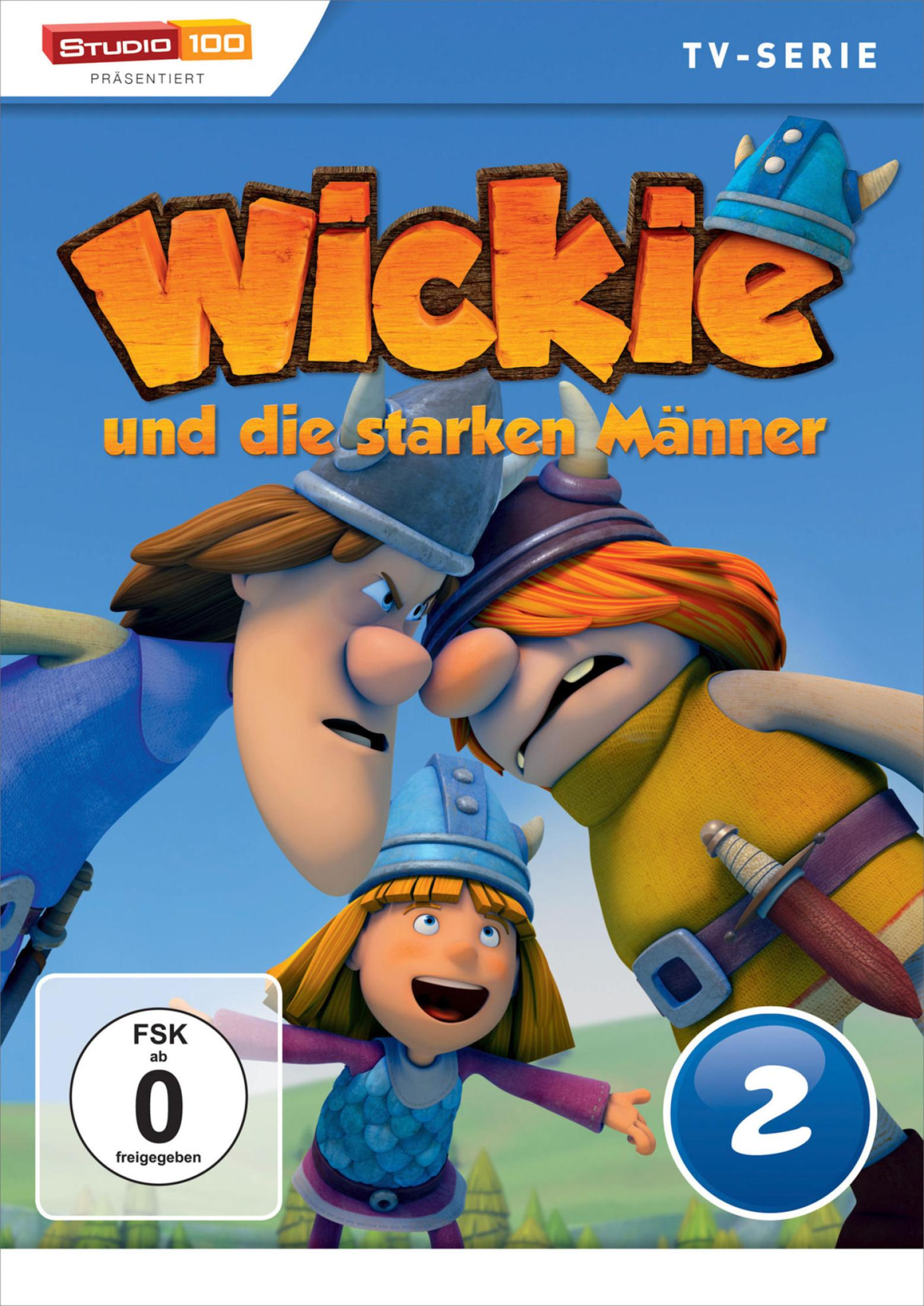 Wickie und zwei Wikinger vor blauem Himmel mit FSK 0 und Studio 100 Logo.
