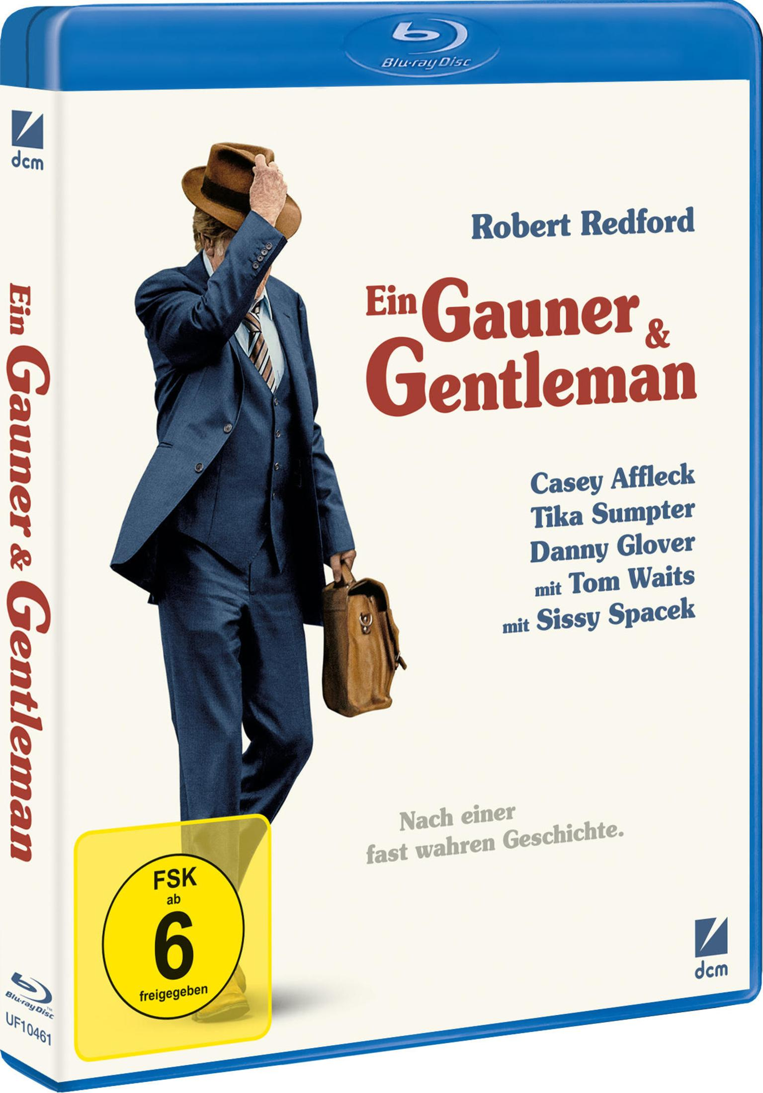 Blu-ray-Hülle des Films Ein Gauner & Gentleman mit Robert Redford in einem blauen Anzug, der sein Gesicht verdeckt.