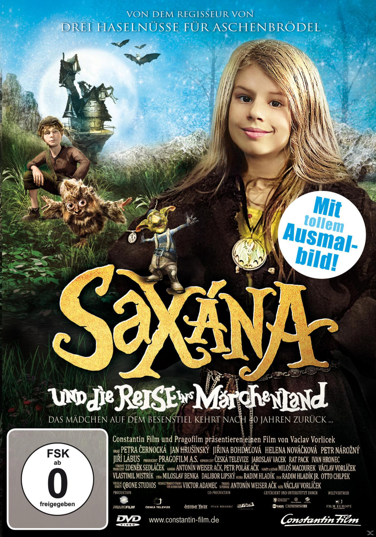 Filmposter von Saxána und die Reise ins Märchenland mit Charakteren, Waldhintergrund und gelbem Titeltext.
