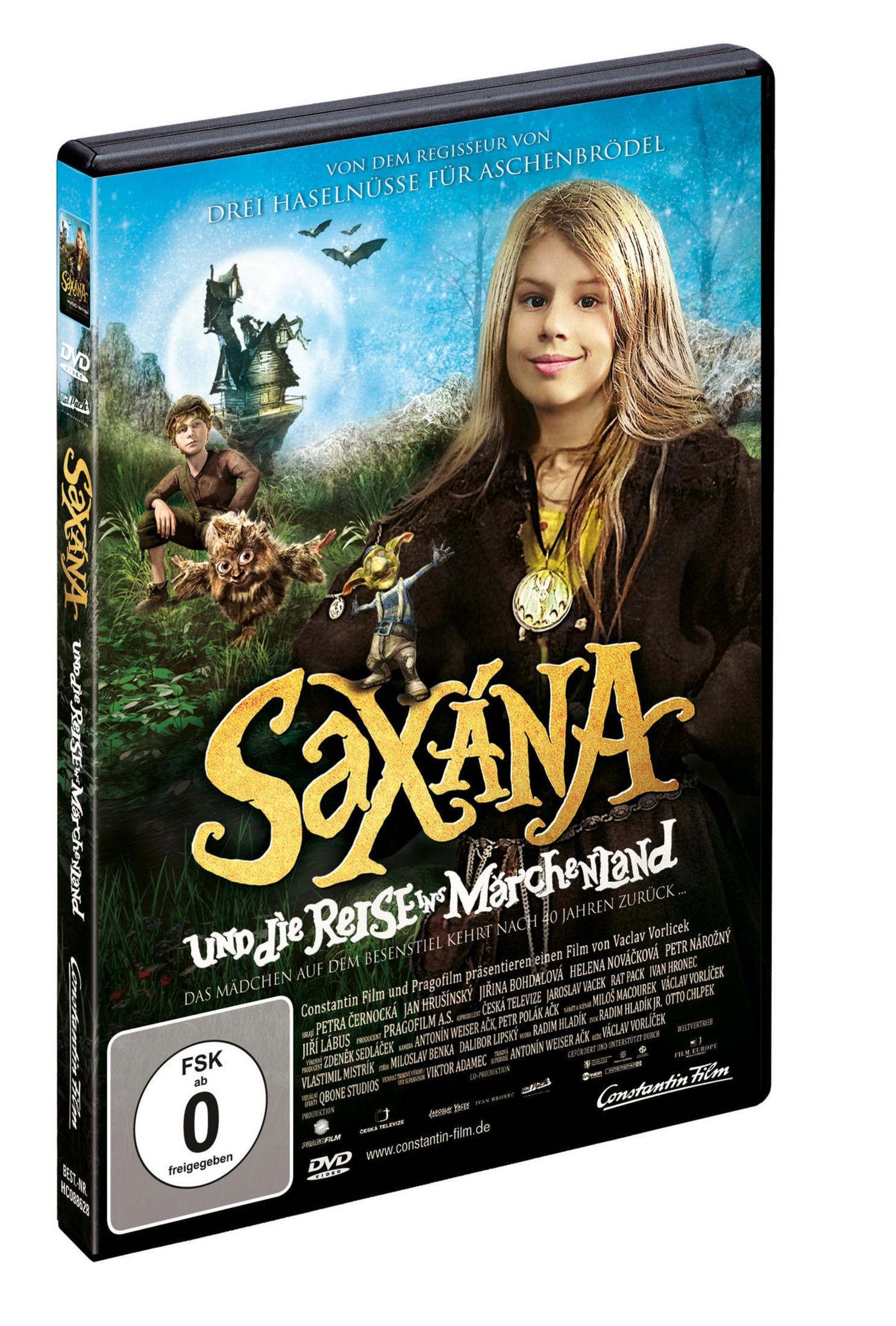 DVD-Cover von Saxána und die Reise ins Märchenland mit Charakteren in einer fantastischen Welt und dem FSK-0-Logo.