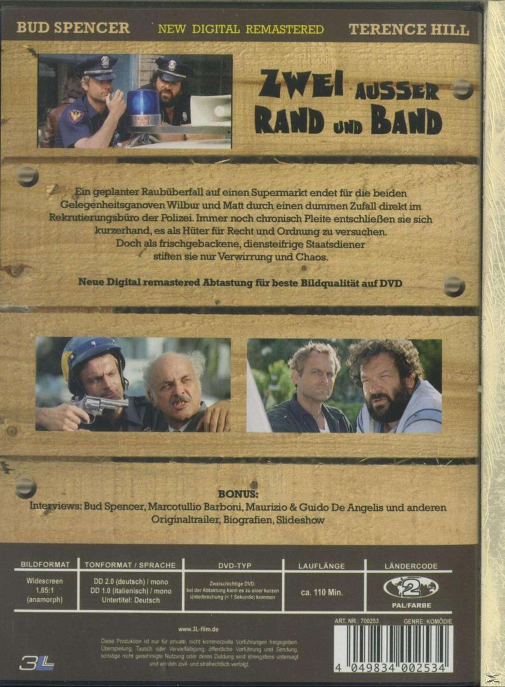 DVD-Rückseite des Films Zwei außer Rand und Band mit Bud Spencer und Terence Hill vor Holzwand.