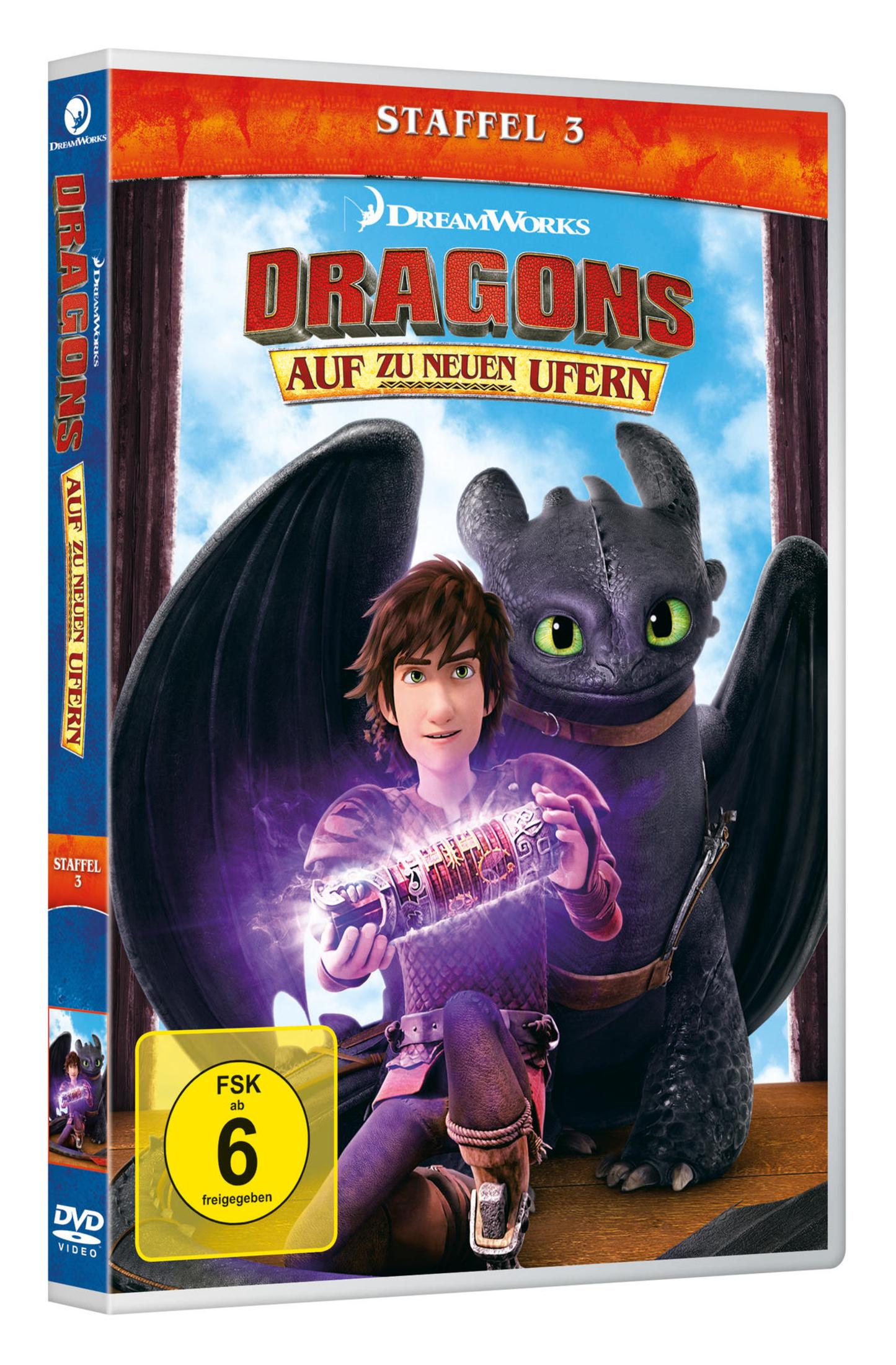 DVD-Hülle von DreamWorks Dragons Staffel 3 mit Hicks und Ohnezahn.