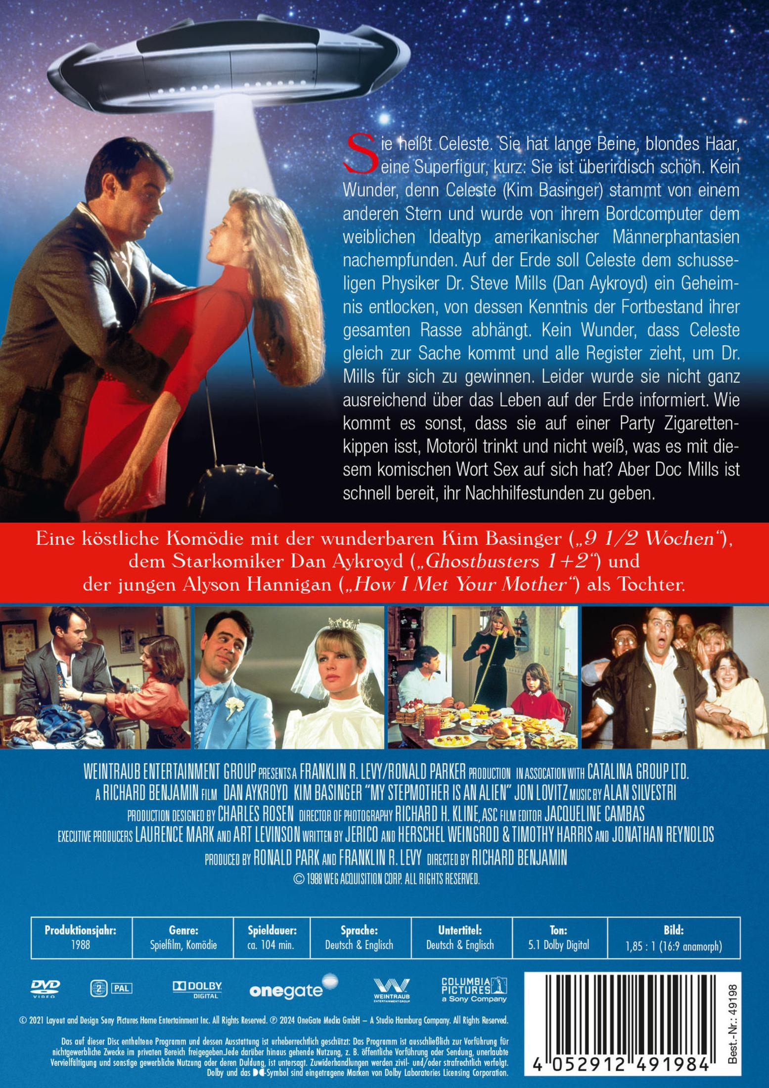 DVD-Hülle des Films Meine Stiefmutter ist ein Alien, mit Dan Aykroyd und Kim Basinger sowie Szenenbildern.