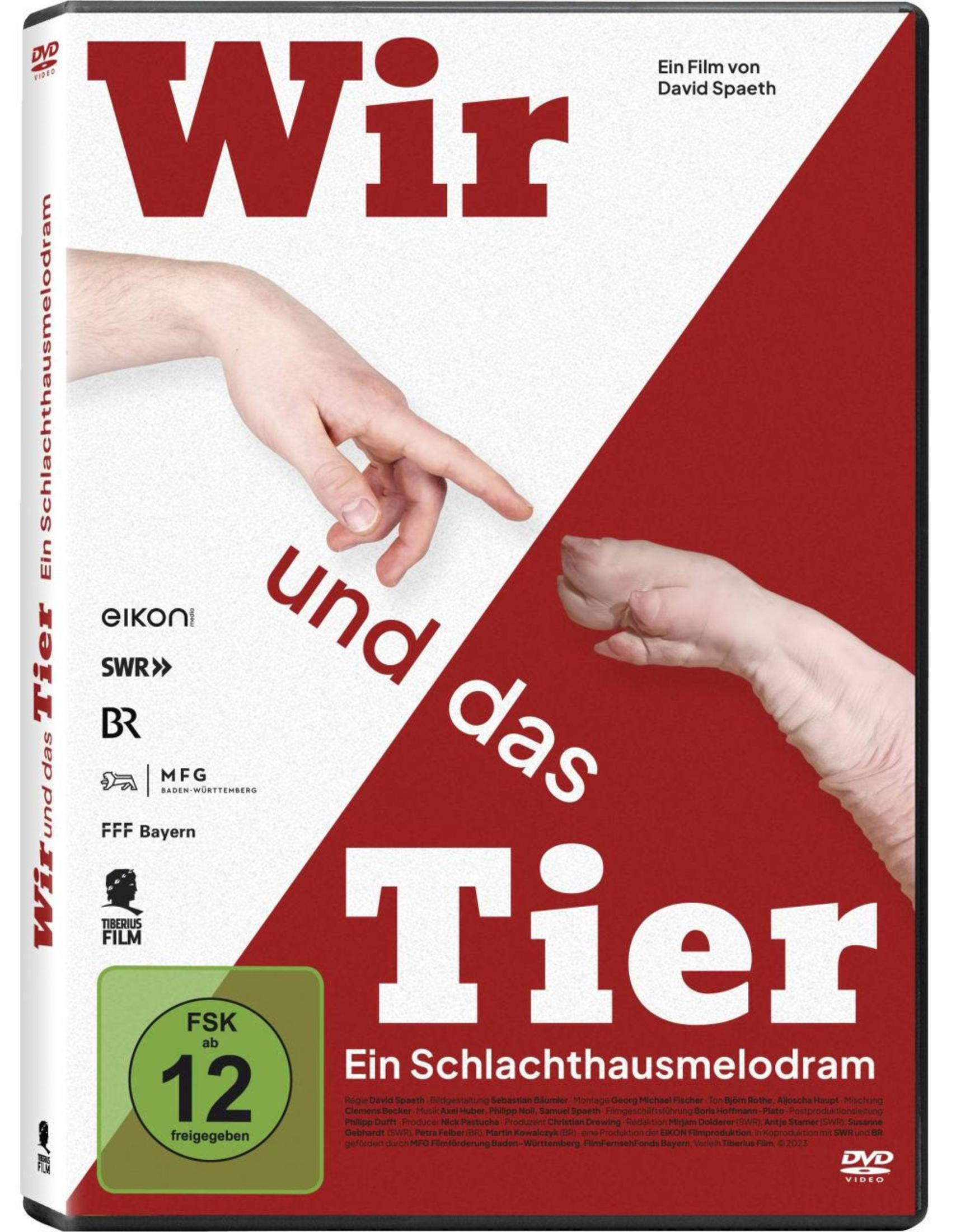 DVD-Cover von Wir und das Tier: Eine Hand berührt einen Schweinefuß vor rotem Hintergrund.