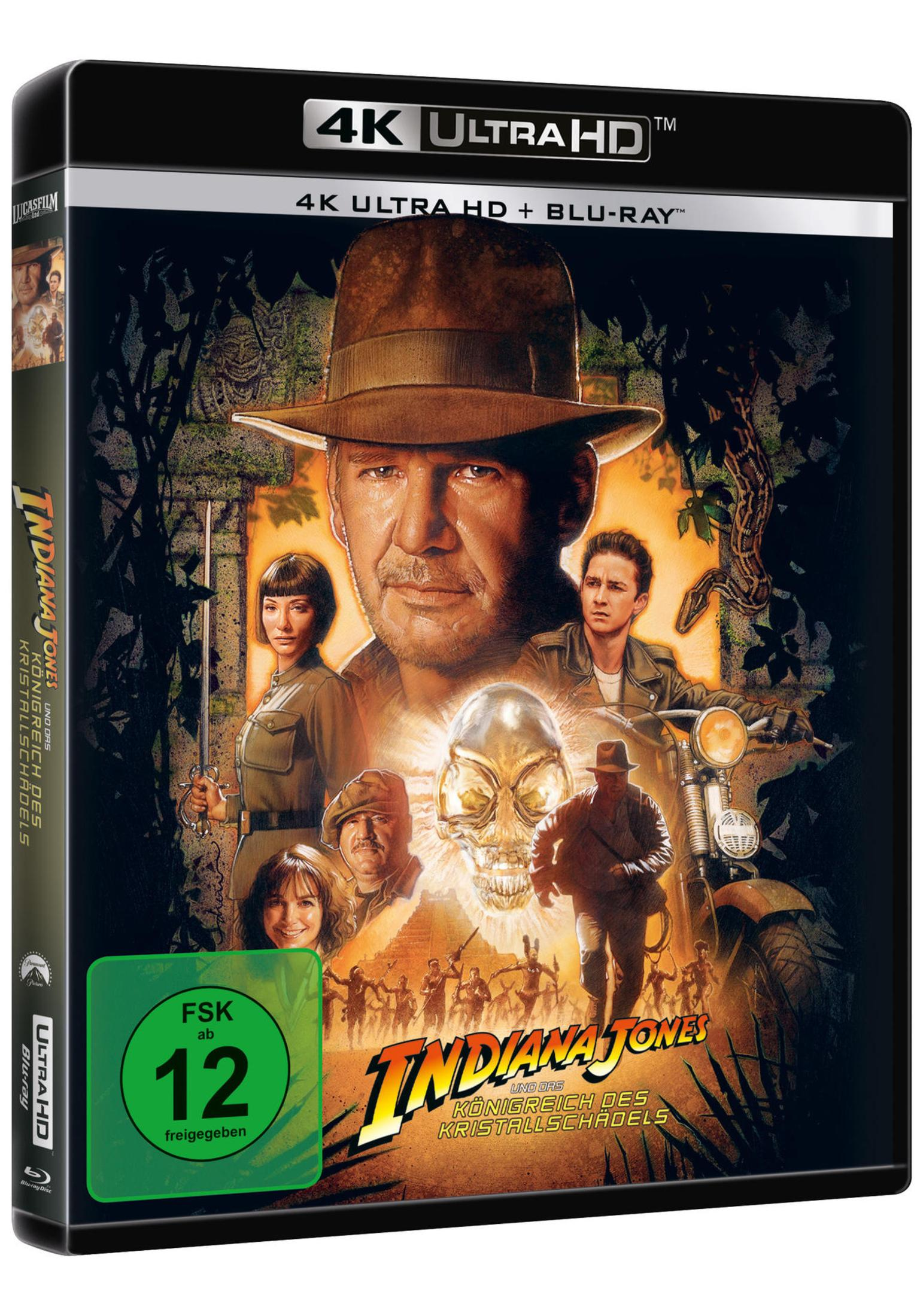 Indiana Jones 4K UHD Blu-ray Cover mit Hauptdarstellern, Kristallschädel und Dschungelhintergrund.