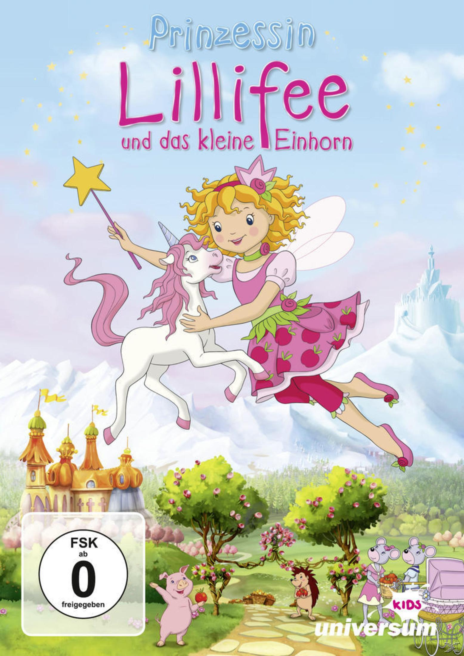 Prinzessin Lillifee fliegt mit einem kleinen Einhorn über eine grüne Landschaft mit Schloss und Tieren.