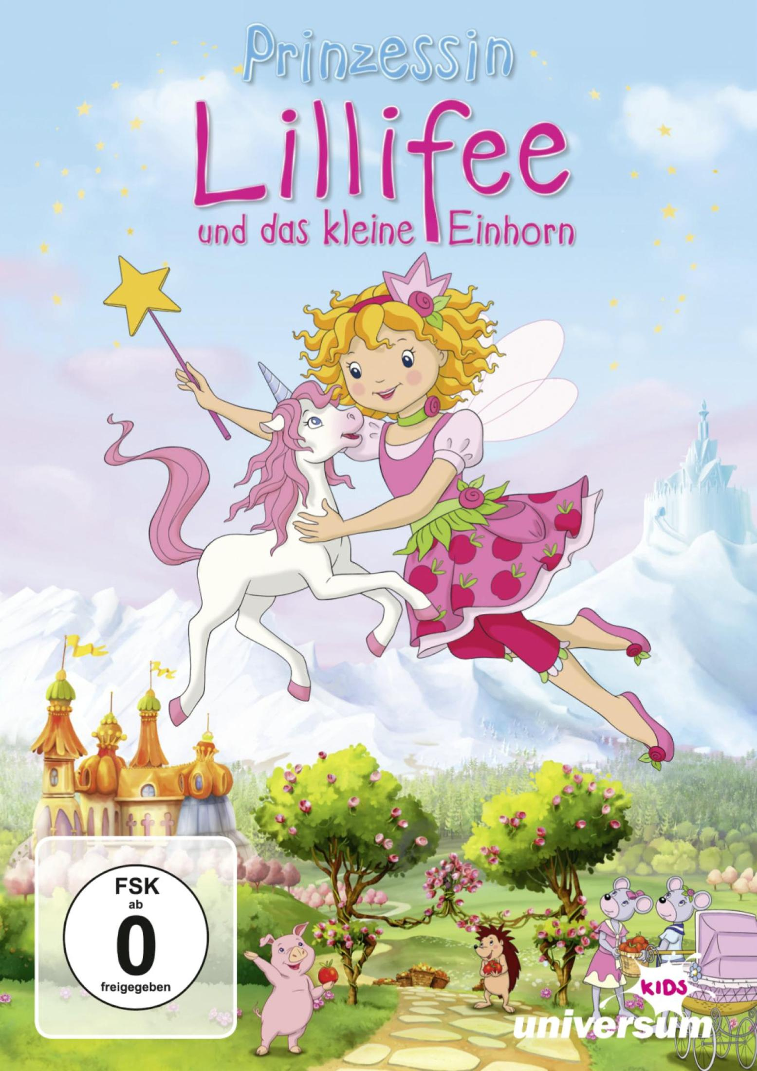Prinzessin Lillifee fliegt mit einem Einhorn über eine zauberhafte Landschaft mit Schloss und Tieren.