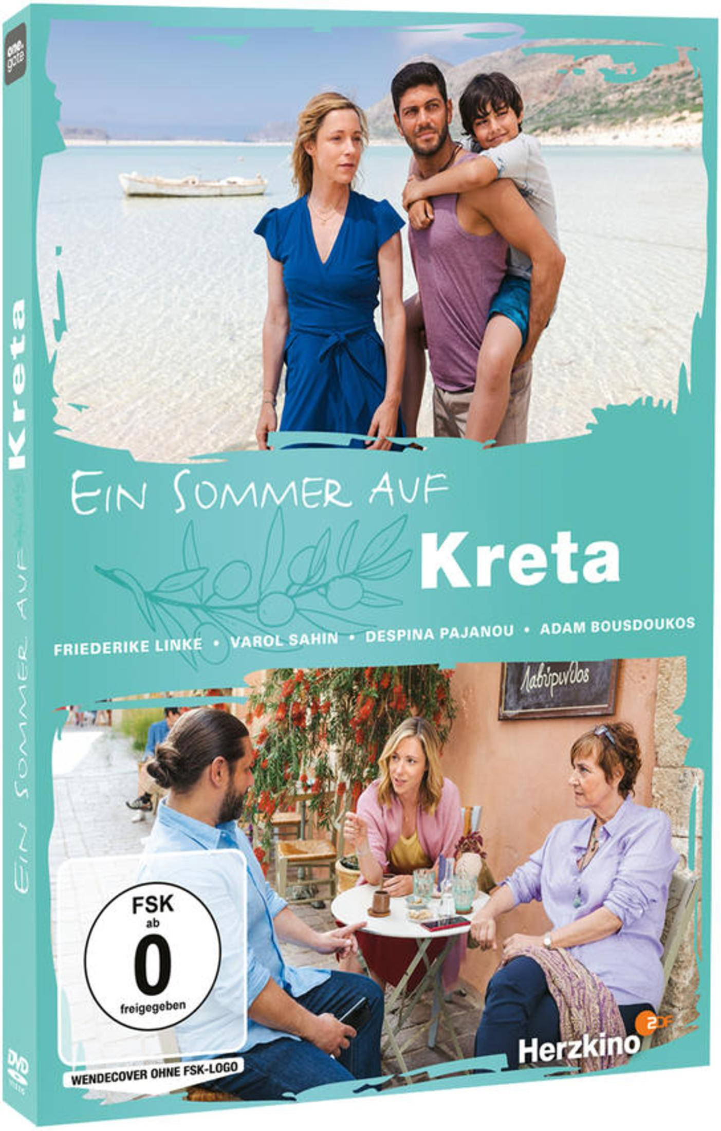 DVD-Cover "Ein Sommer auf Kreta" mit Strand- und Straßenszenen und drei Personen.