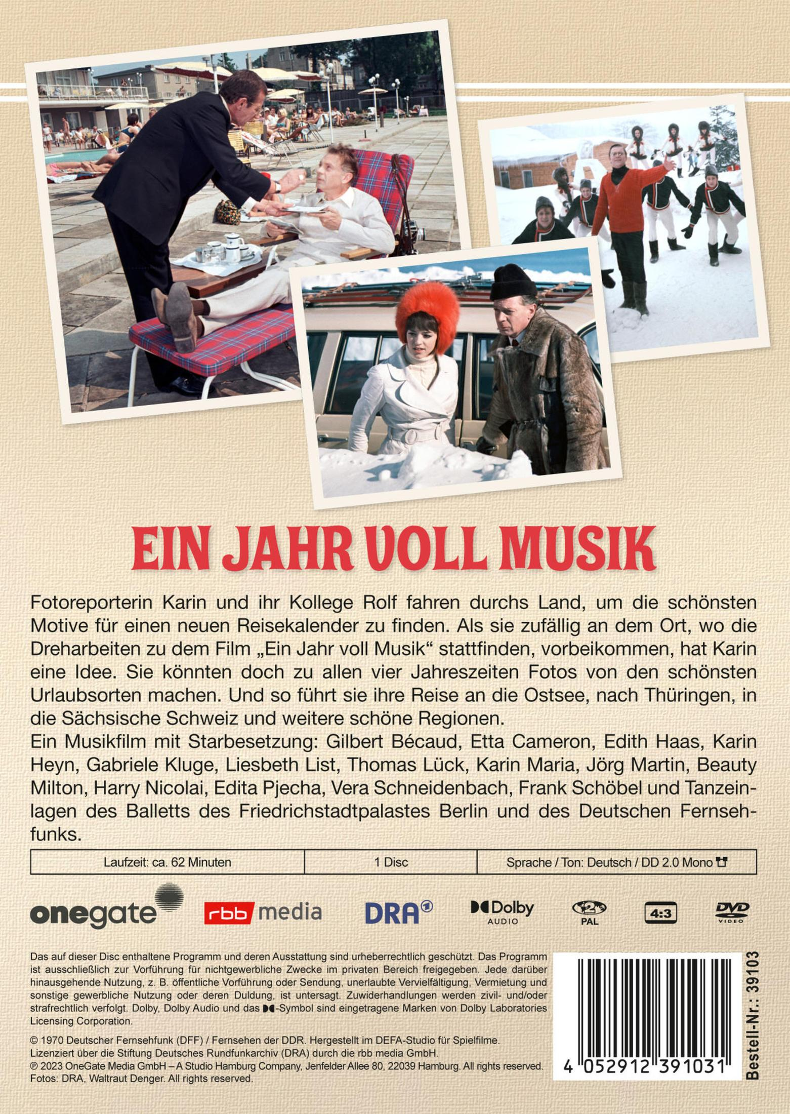 DVD-Rückseite mit Filmbildern und rotem Titel Ein Jahr voll Musik über deutscher Handlungsbeschreibung.