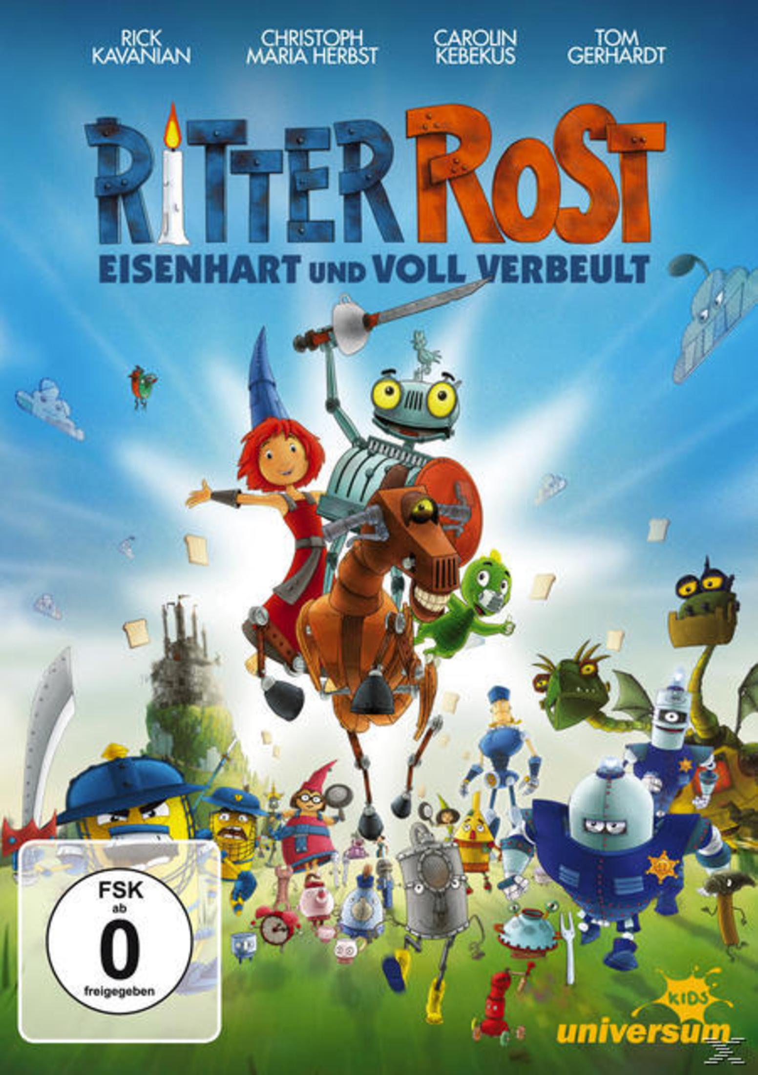 Filmplakat Ritter Rost: Verschiedene Roboter-Figuren und eine rothaarige Frau auf einem mechanischen Pferd.