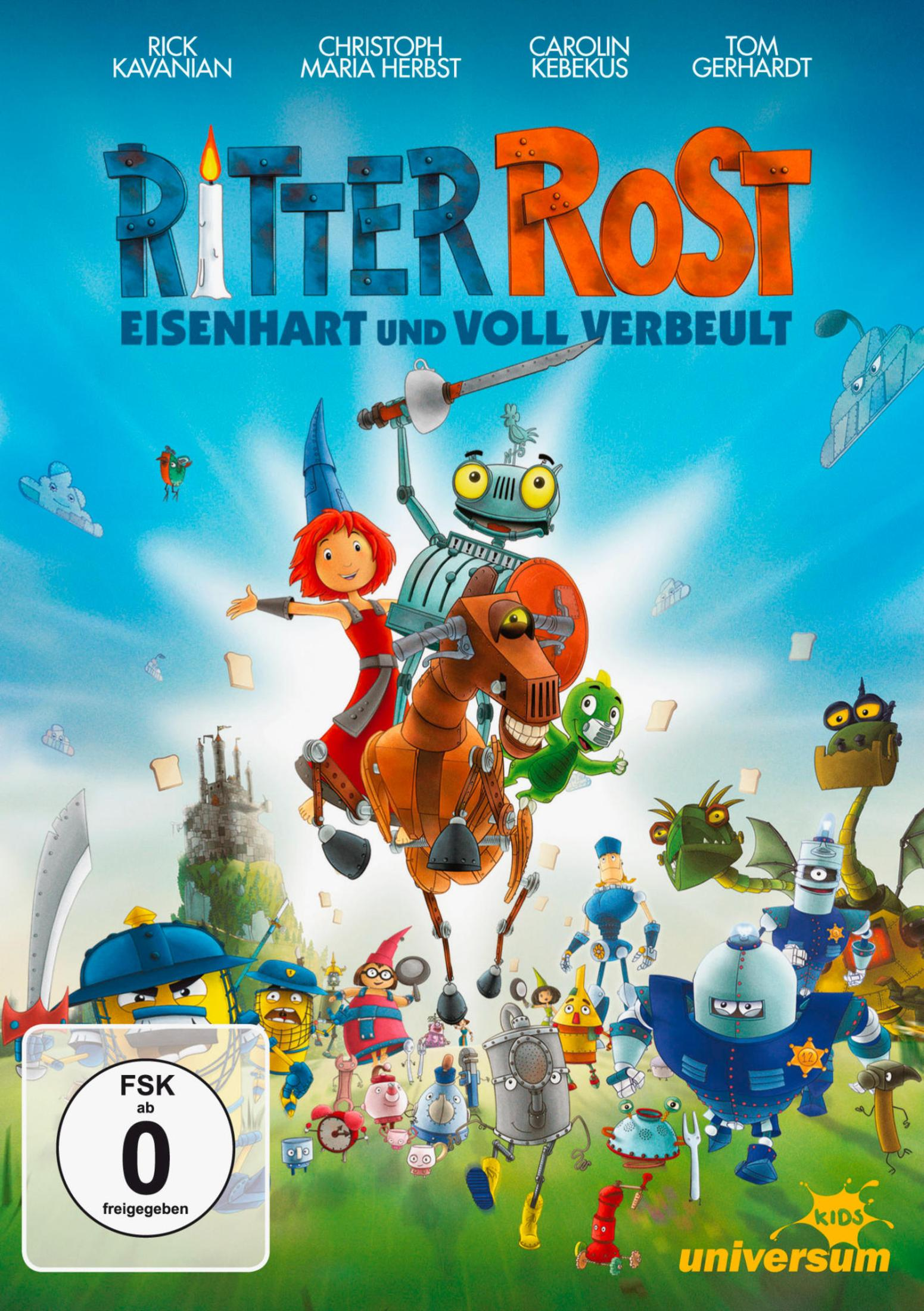 Movie poster for 'Ritter Rost' with a robotic knight, a red-haired girl, a metallic horse, and other robot characters.