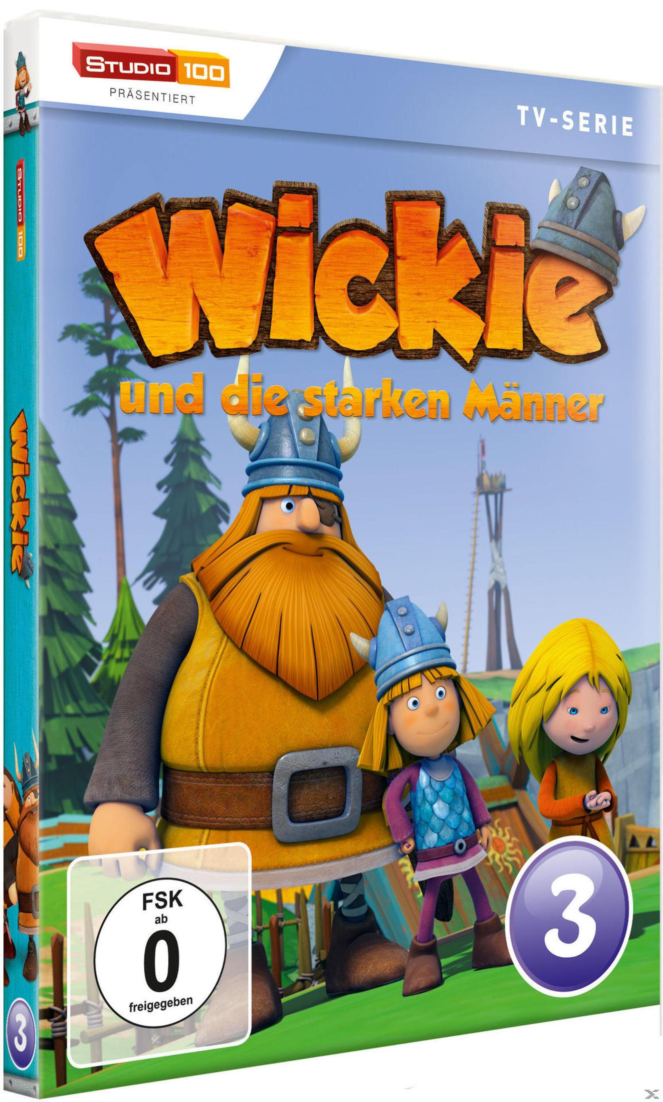 DVD-Cover von Wickie und die starken Männer mit drei Figuren im Vordergrund und einer Landschaft im Hintergrund.