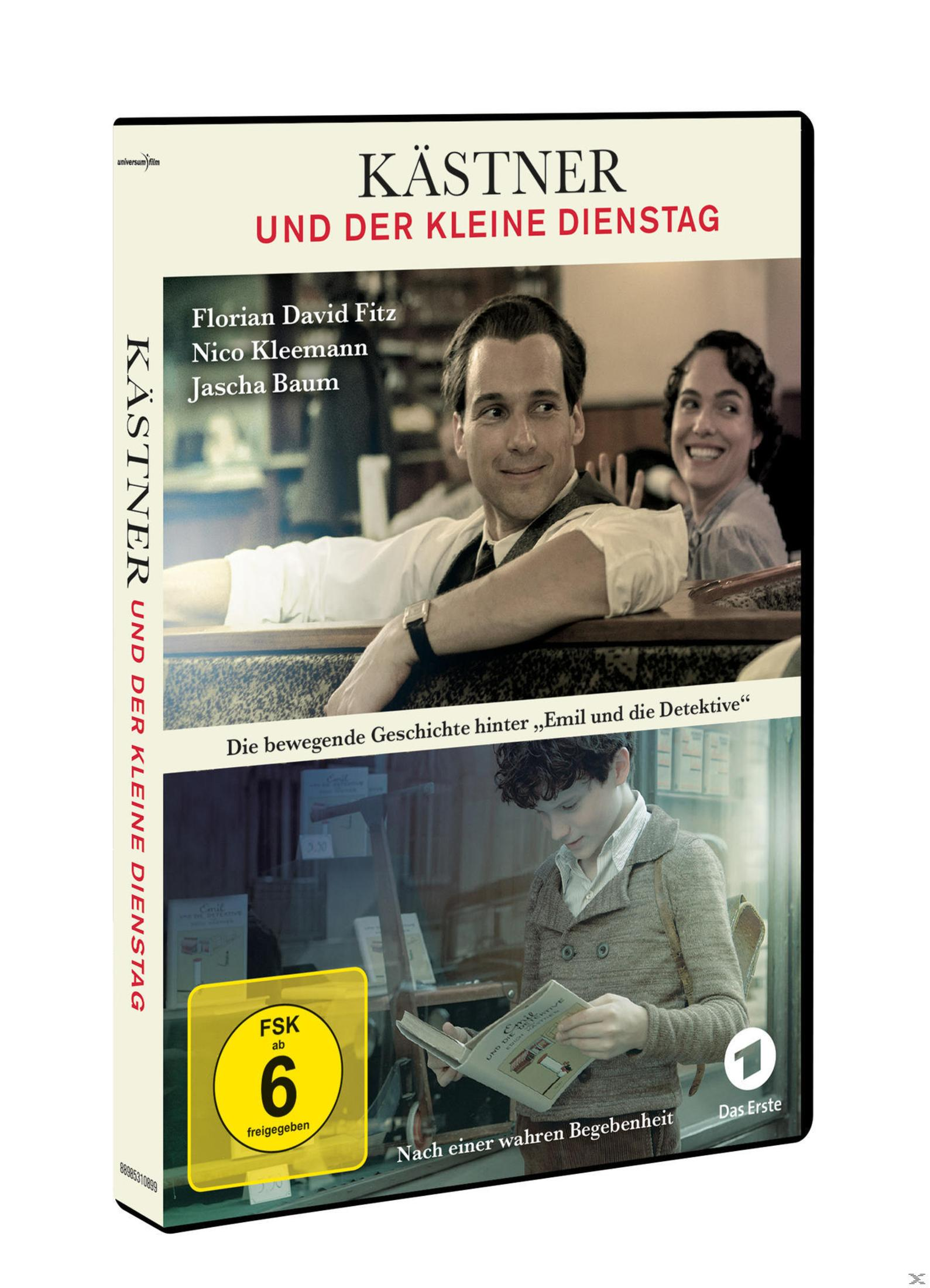 DVD-Cover von Kästner und der kleine Dienstag mit zwei Bildern von Schauspielern und FSK-6-Logo.