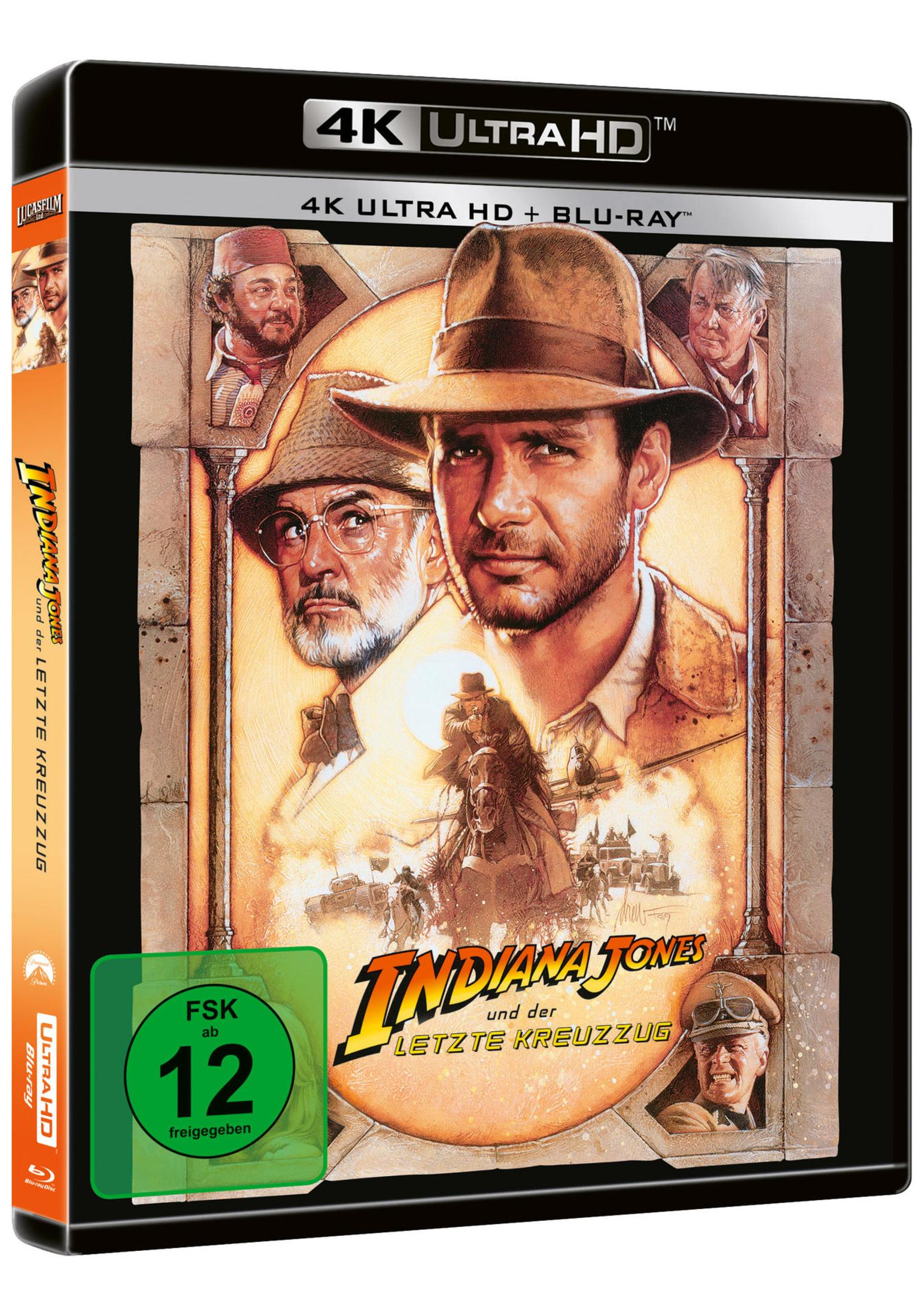 Indiana Jones 4K Ultra HD Blu-ray Cover mit Charakteren und FSK-12-Logo.