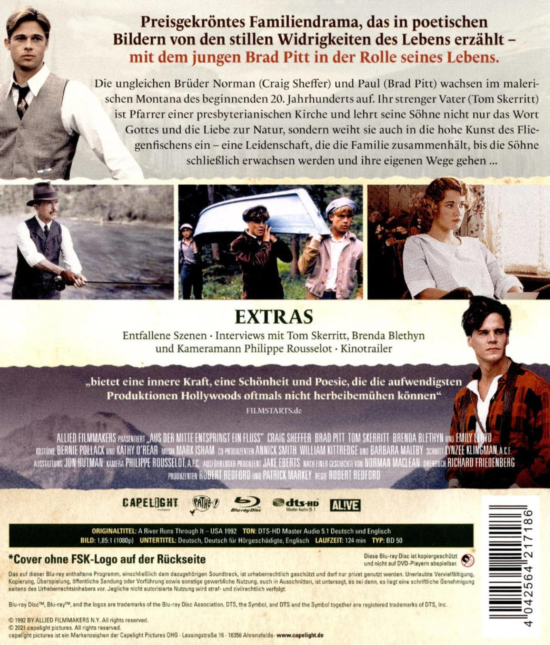Blu-ray-Cover des Films Aus der Mitte entspringt ein Fluss mit Szenenbildern und Texten.