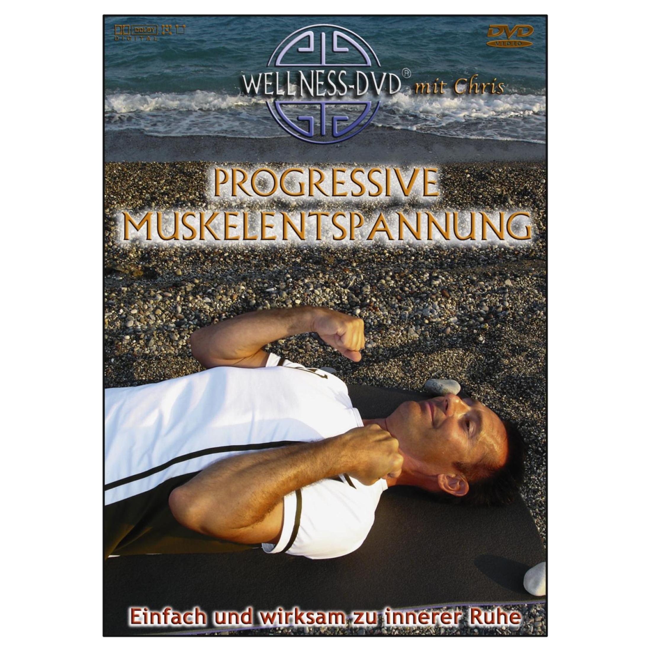 DVD-Cover mit Mann, der auf einer Matte am Strand liegt und Muskeln entspannt.