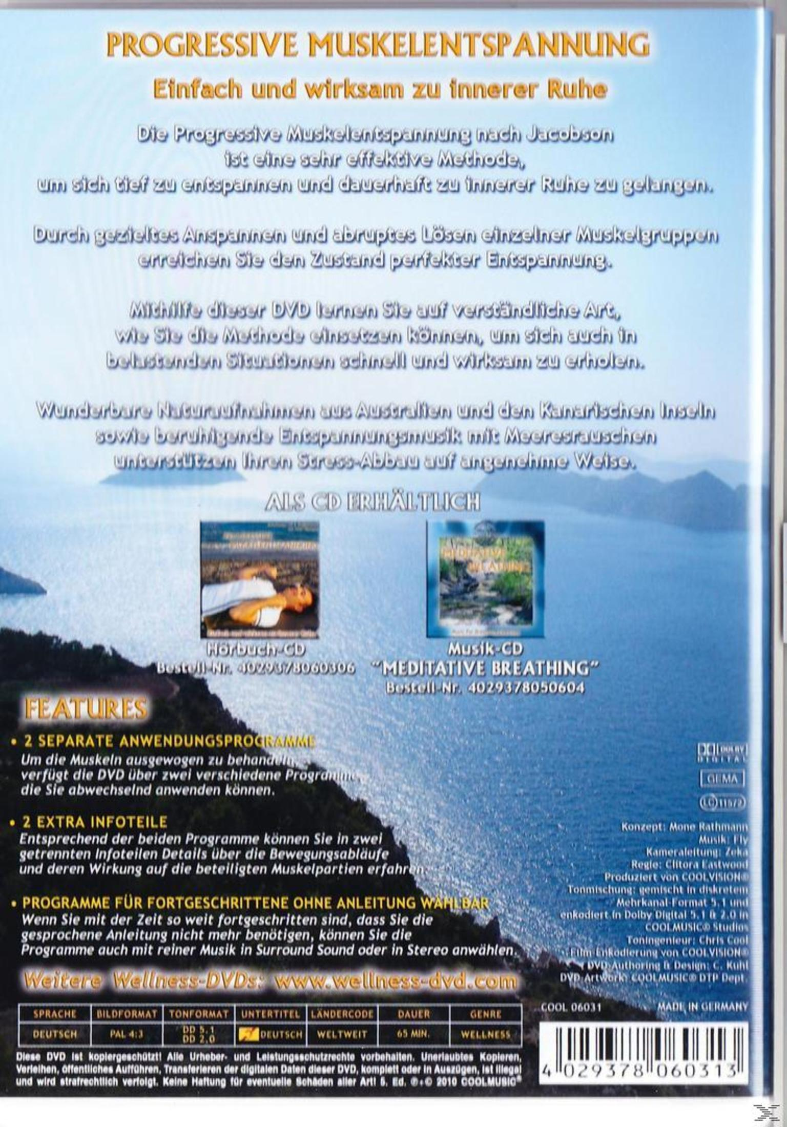 Rückseite einer Entspannungs-DVD mit Text, Bildern australischer Natur und technischen Details auf blauem Grund.