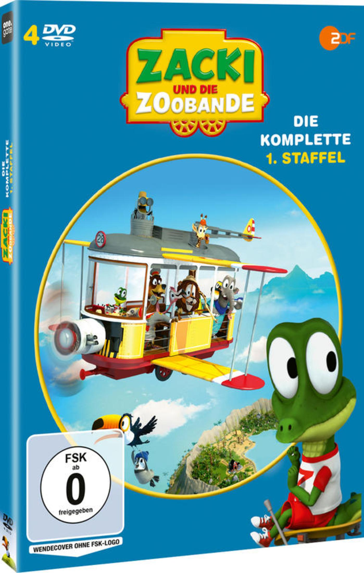 DVD-Cover von Zacki und die Zoobande mit Tieren in einem fliegenden Gefährt und einer FSK-0-Kennzeichnung.