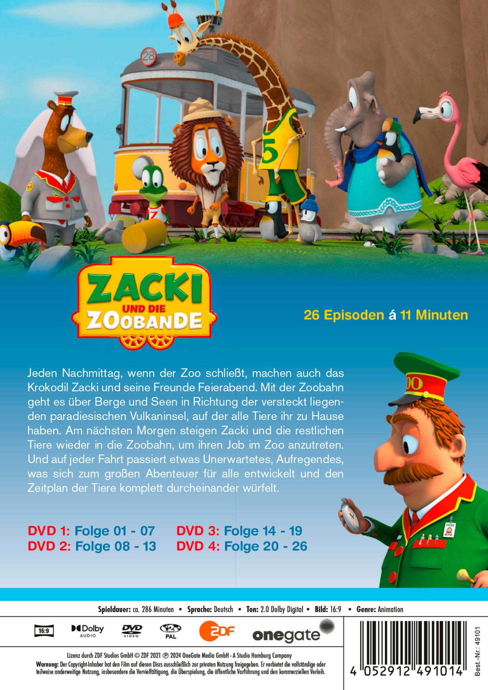 DVD-Cover mit Zeichentricktieren und dem Titel Zacki und die Zoobande vor einem Zug und grüner Landschaft.