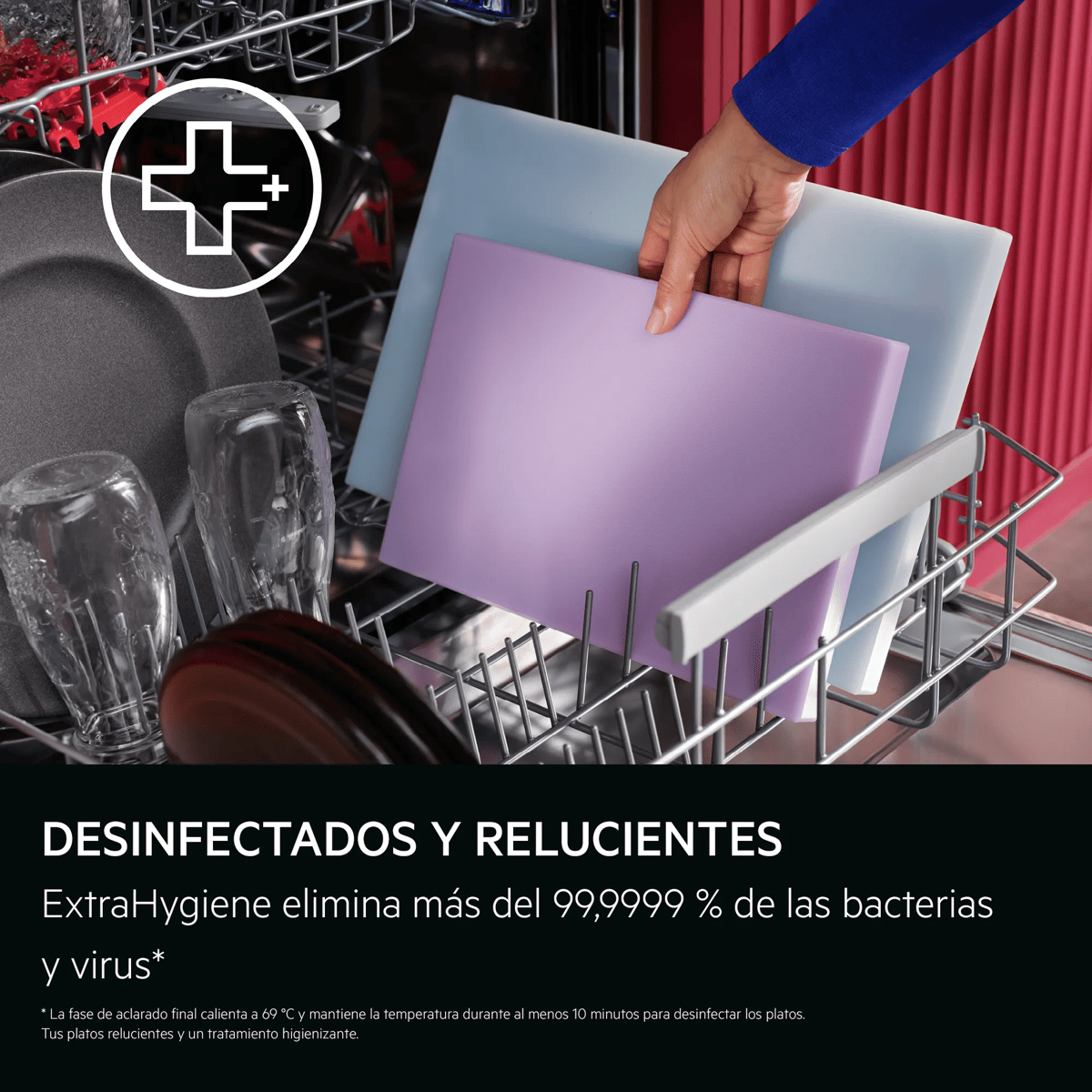 Mano coloca tablas de picar de colores en un lavavajillas abierto.