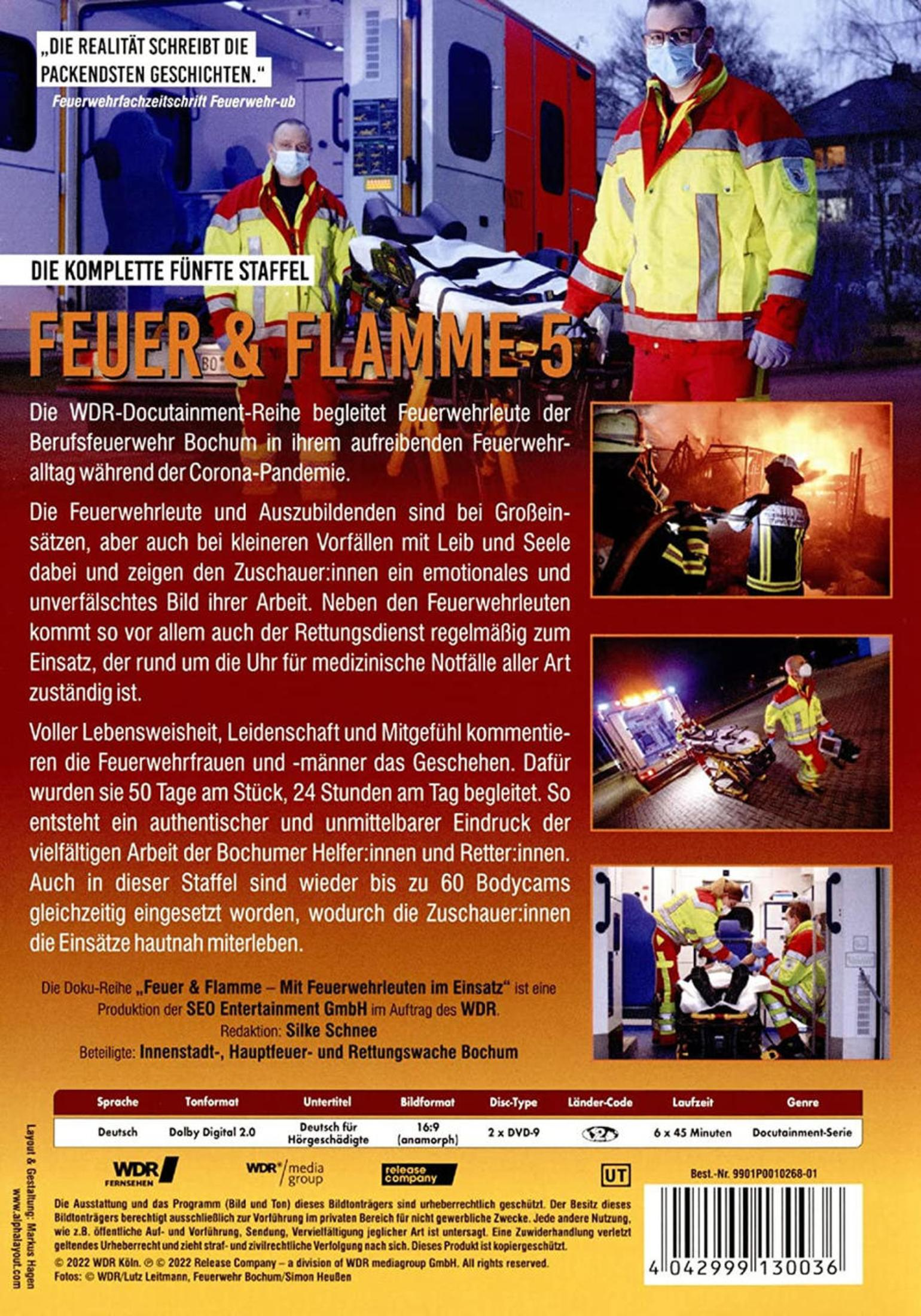 DVD-Cover der Serie Feuer & Flamme mit Einsatzkräften, Text und technischen Angaben.