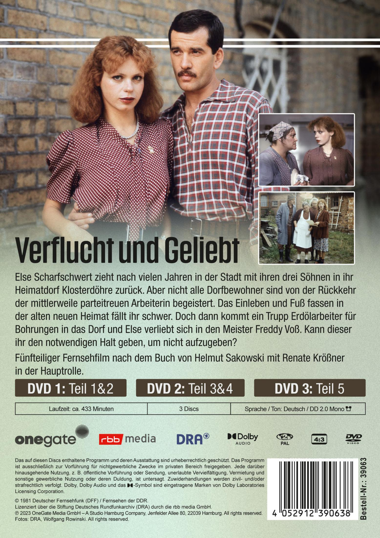 DVD-Cover für Verflucht und Geliebt mit einem Paar im Vordergrund und zwei Szenenbildern.