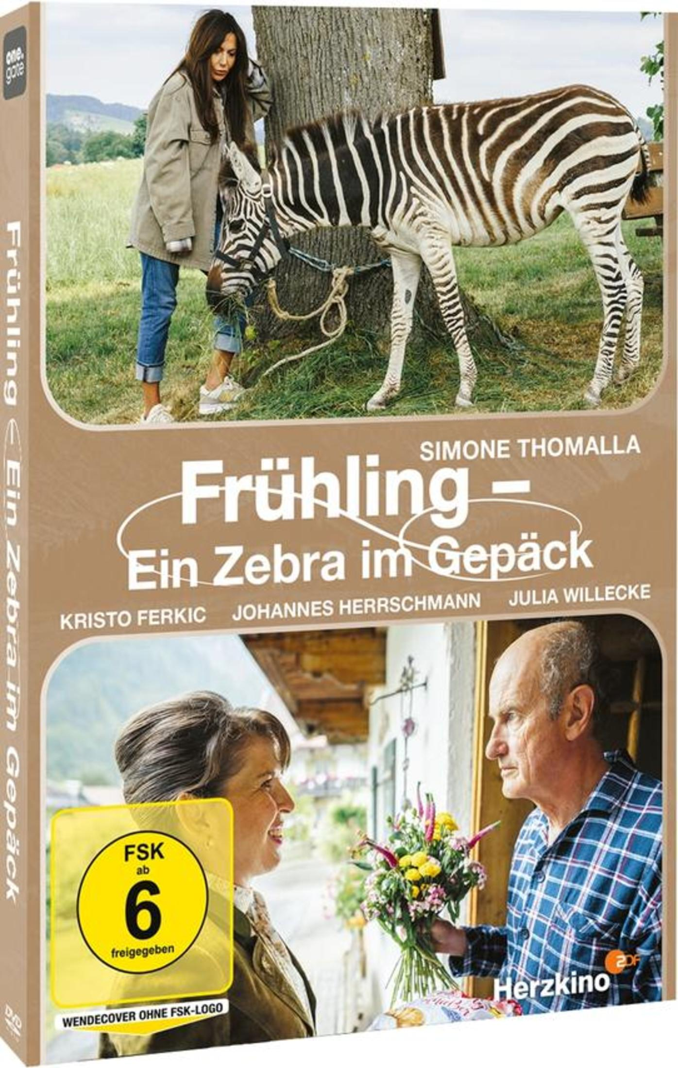 DVD-Cover mit einer Frau, die ein Zebra füttert, und darunter ein Paar mit Blumen und FSK 6 Logo.