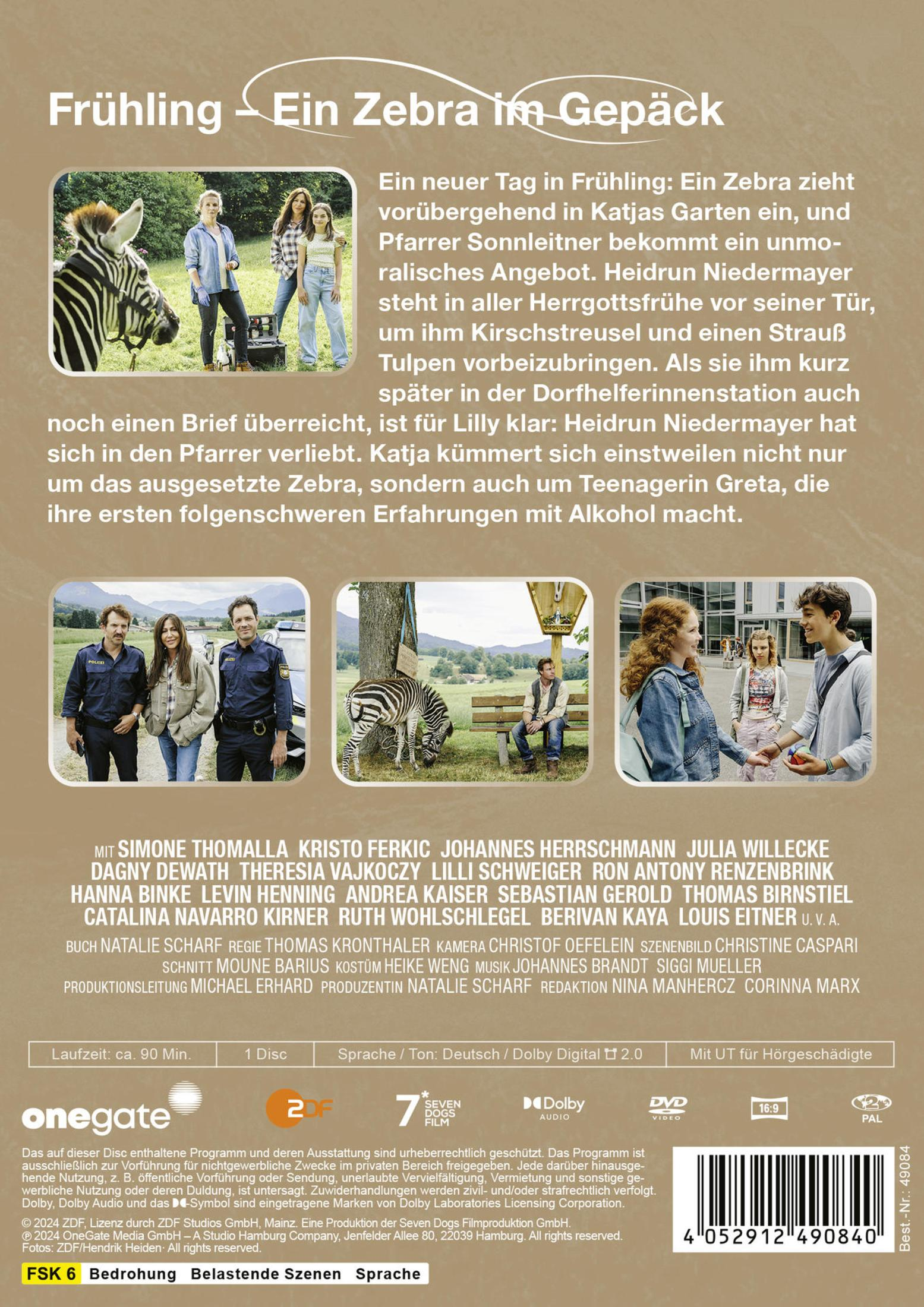 DVD-Cover von Frühlings-Episode: Text, Szenenbilder mit Personen, Zebra und Cast-Liste sowie Logos.