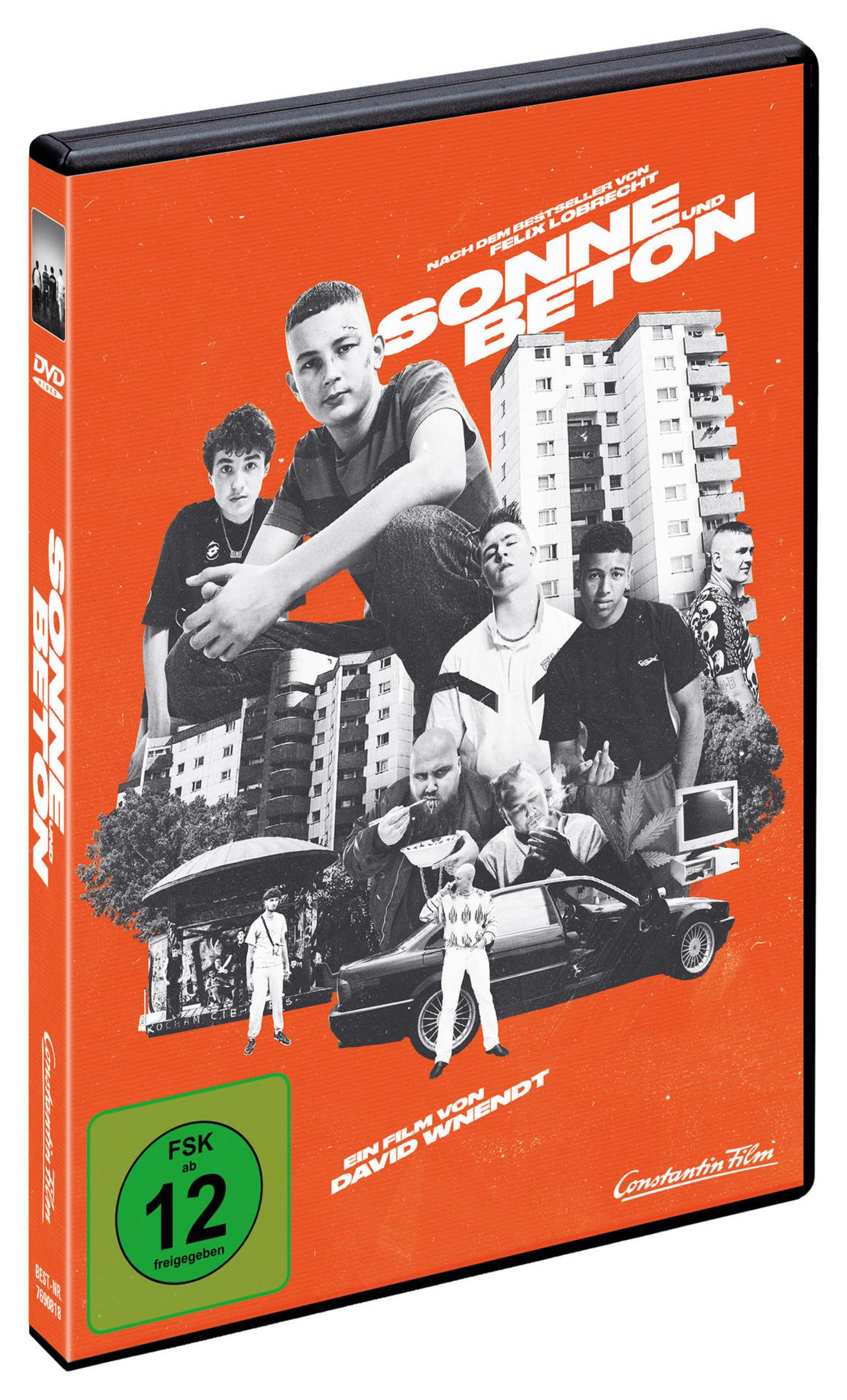 DVD-Hülle von Sonne und Beton mit Jugendlichen, Plattenbauten und einem Auto vor orangefarbenem Hintergrund.