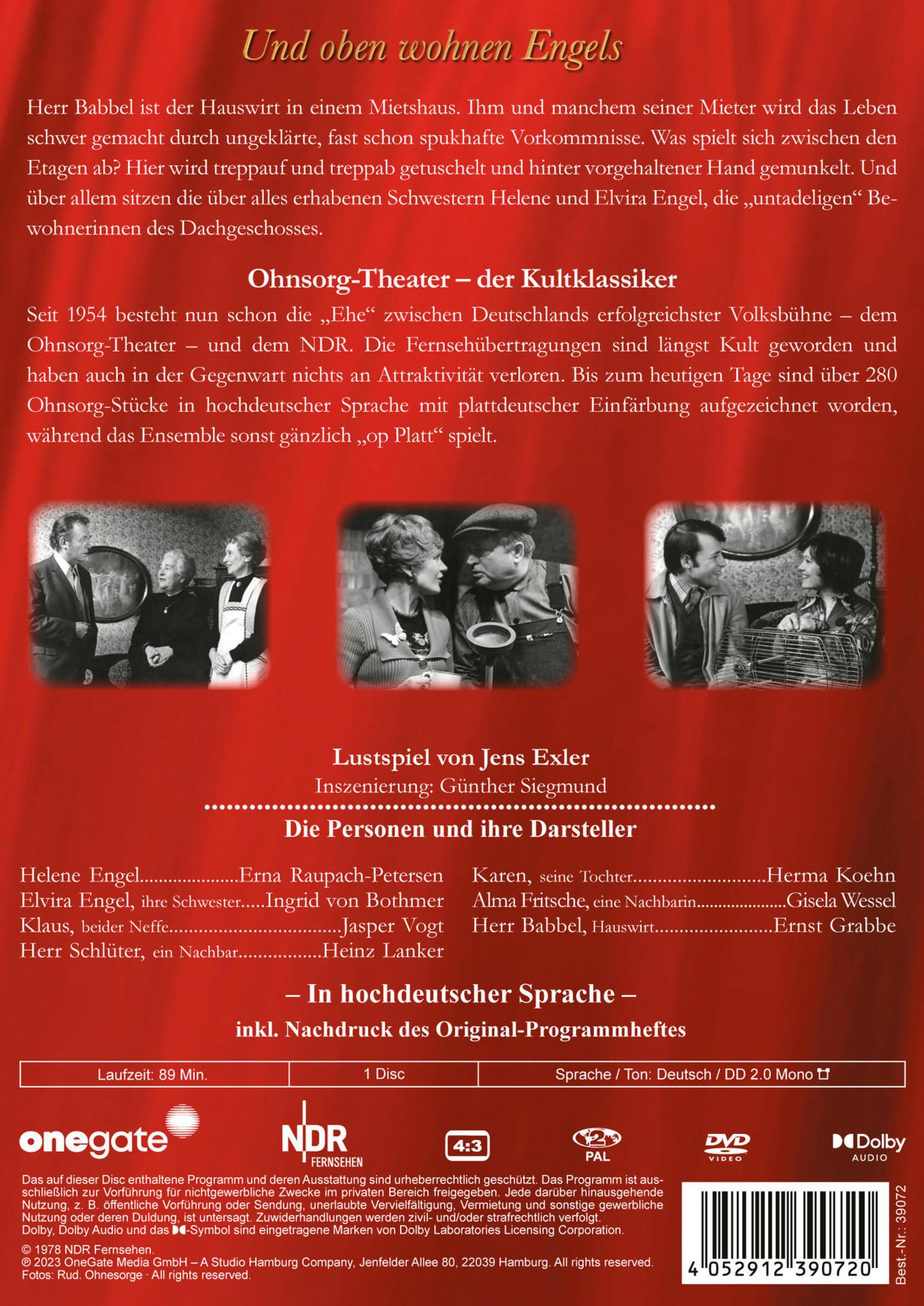 DVD-Cover der Ohnsorg-Theater-Komödie 'Und oben wohnen Engels' mit Szenenfotos und Text auf Rot.
