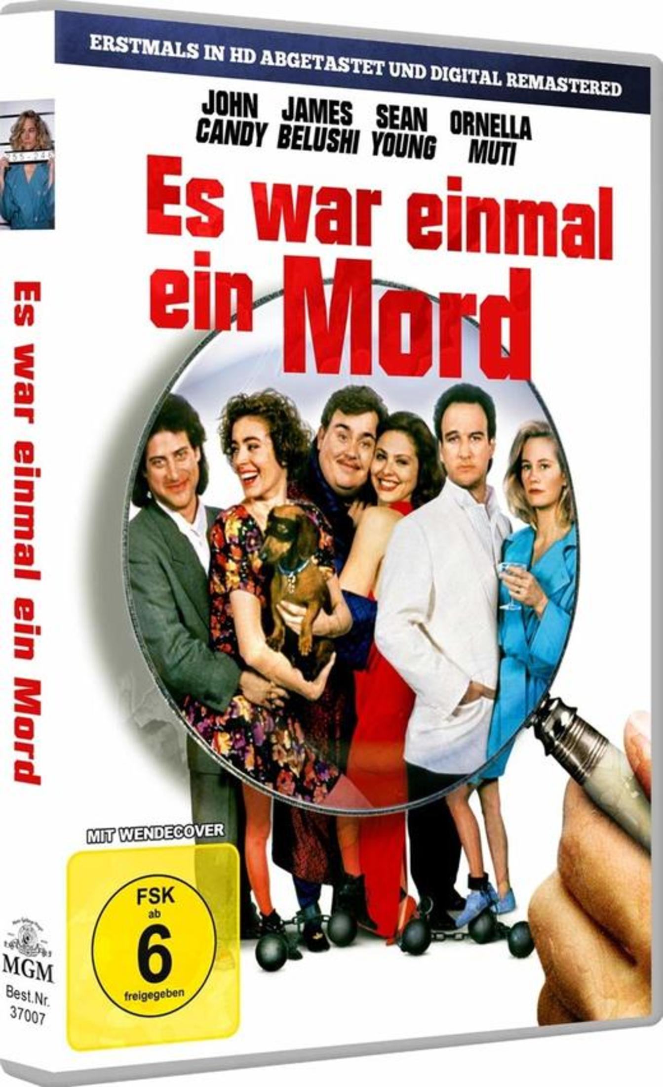 DVD-Cover von 'Es war einmal ein Mord' mit einer Schauspielgruppe durch eine Lupe.