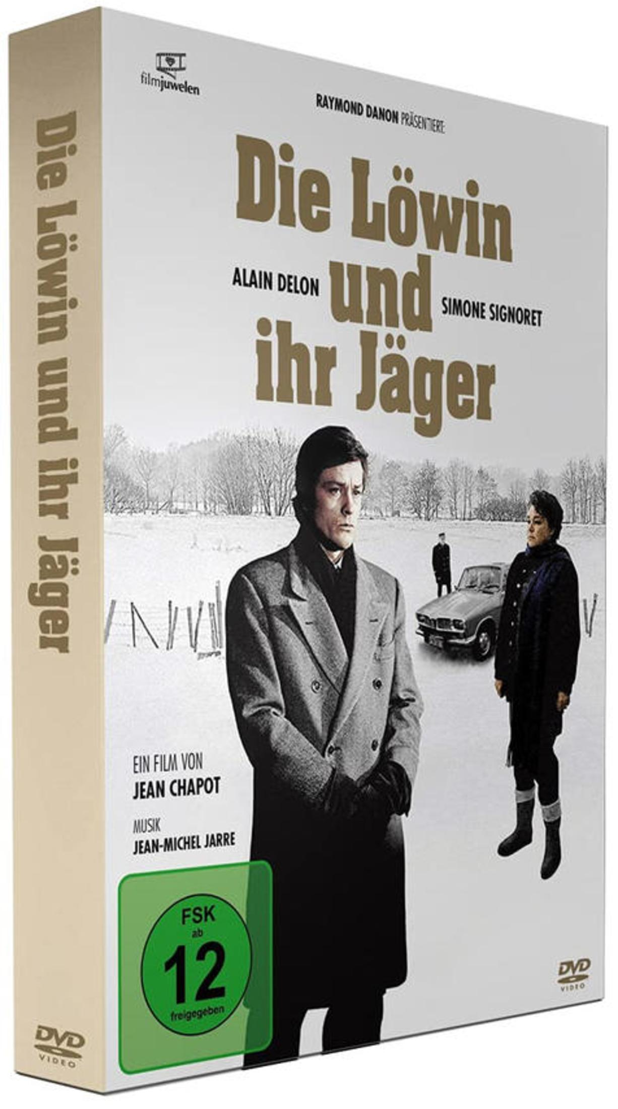 DVD-Cover von "Die Löwen und ihr Jäger" mit Alain Delon und Simone Signoret in einer winterlichen Landschaft.