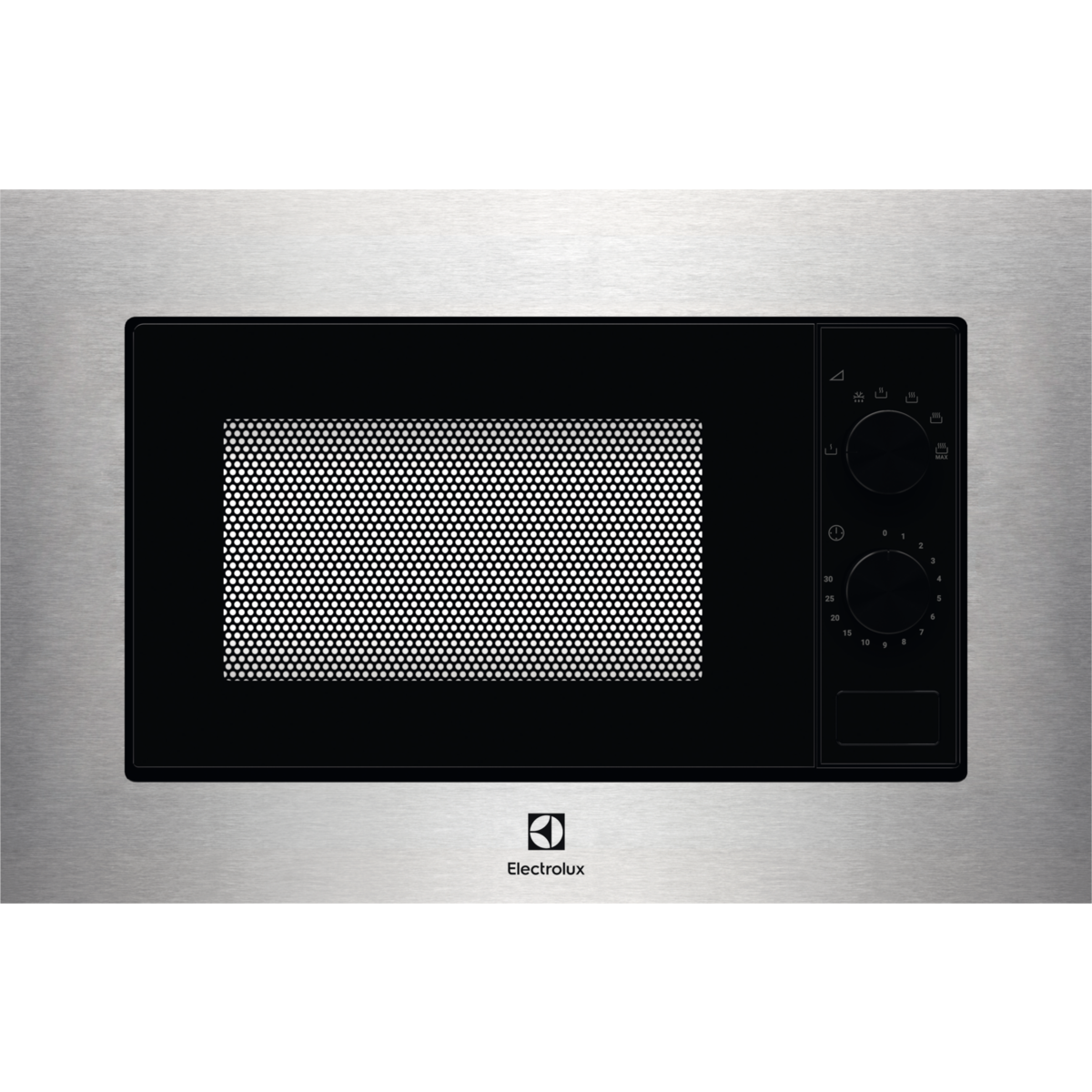Un microondas empotrable Electrolux con marco de acero inoxidable, puerta de vidrio negro y dos mandos.